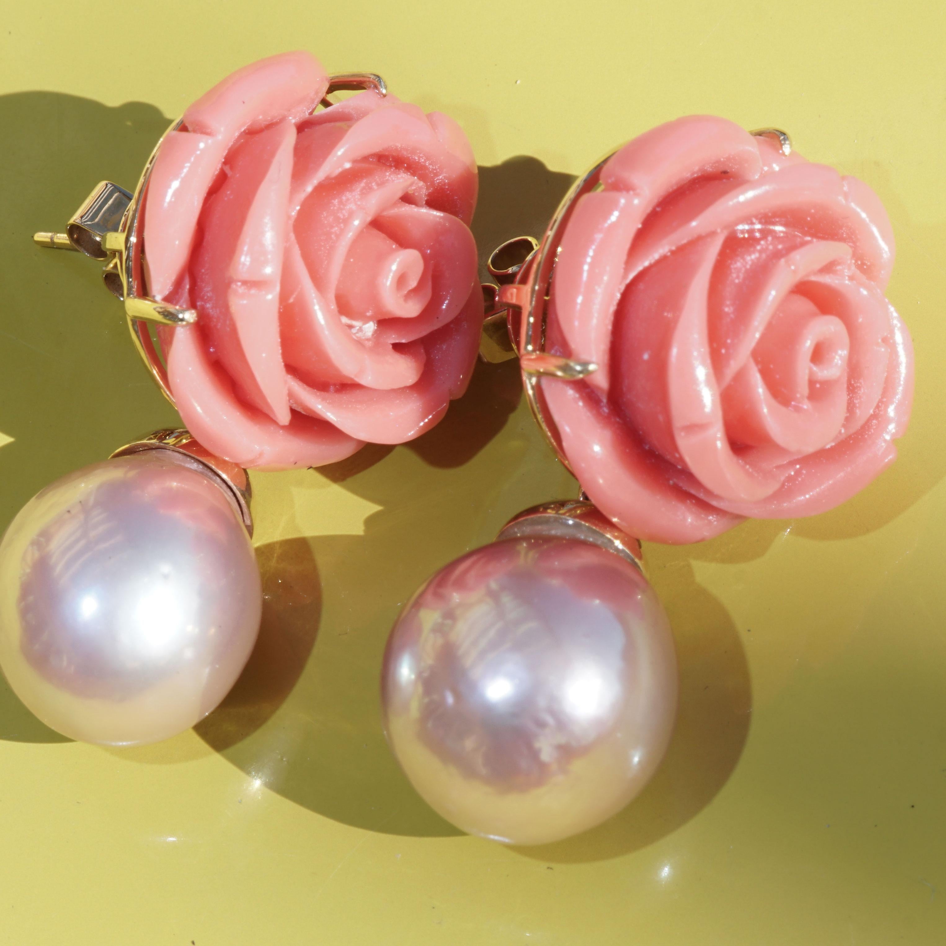 Modern Coral Pearl Earrings floral barock 53 ct and XXL Seize 37 x 21  mm so decorative For Sale
