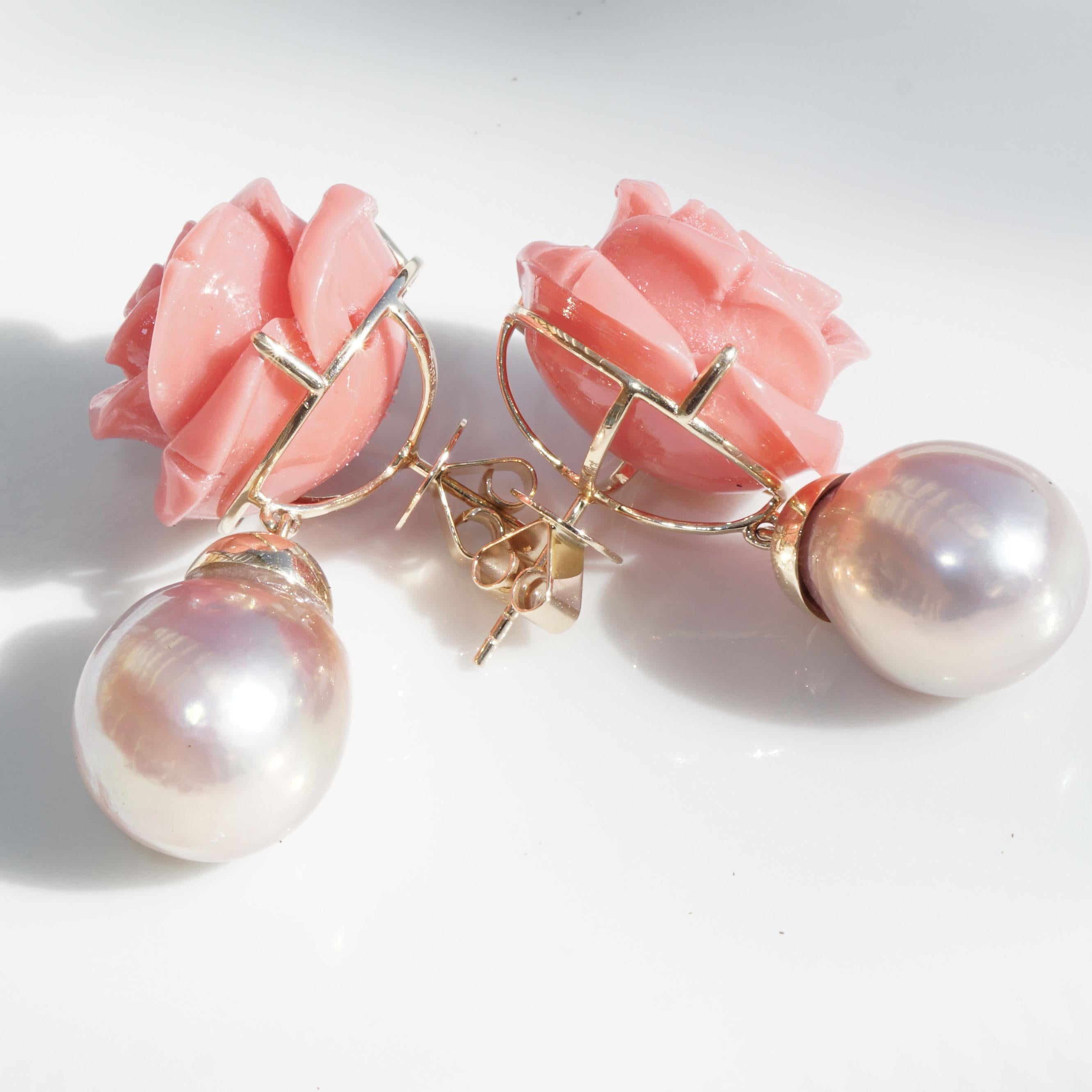 Koralle Perlen Ohrringe geblümt Barock 53 ct und XXL Größe 37 x 21  mm so dekorativ im Angebot 2