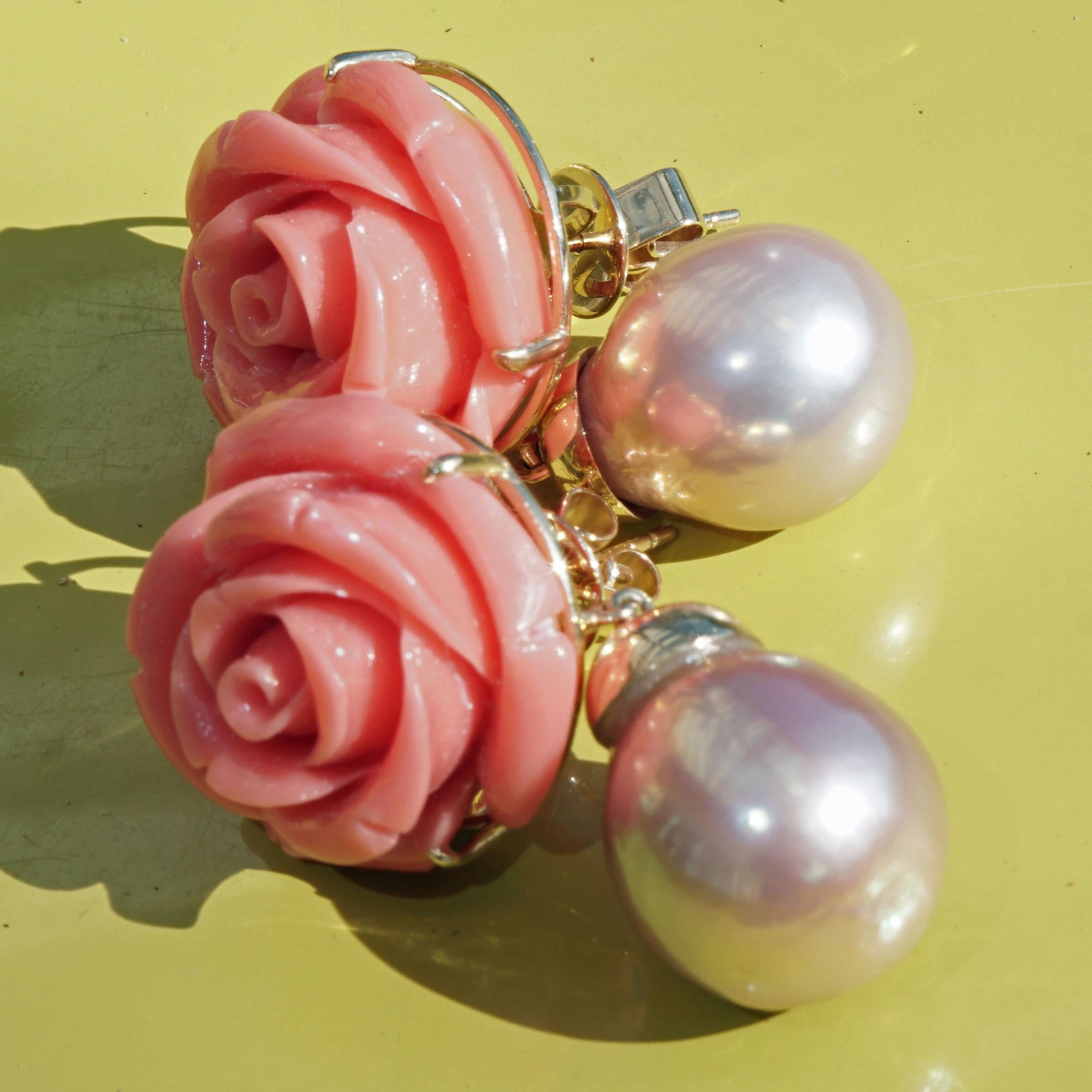 Koralle Perlen Ohrringe geblümt Barock 53 ct und XXL Größe 37 x 21  mm so dekorativ im Angebot 3