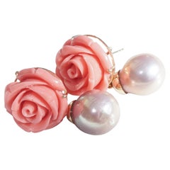 Vintage Coral Pearl Earrings floral barock 53 ct and XXL Seize 37 x 21  mm so decorative
