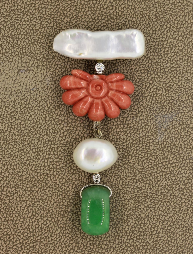 Coral Pearl Jadeite Jade Diamond Gold Drop Brooch For Sale at