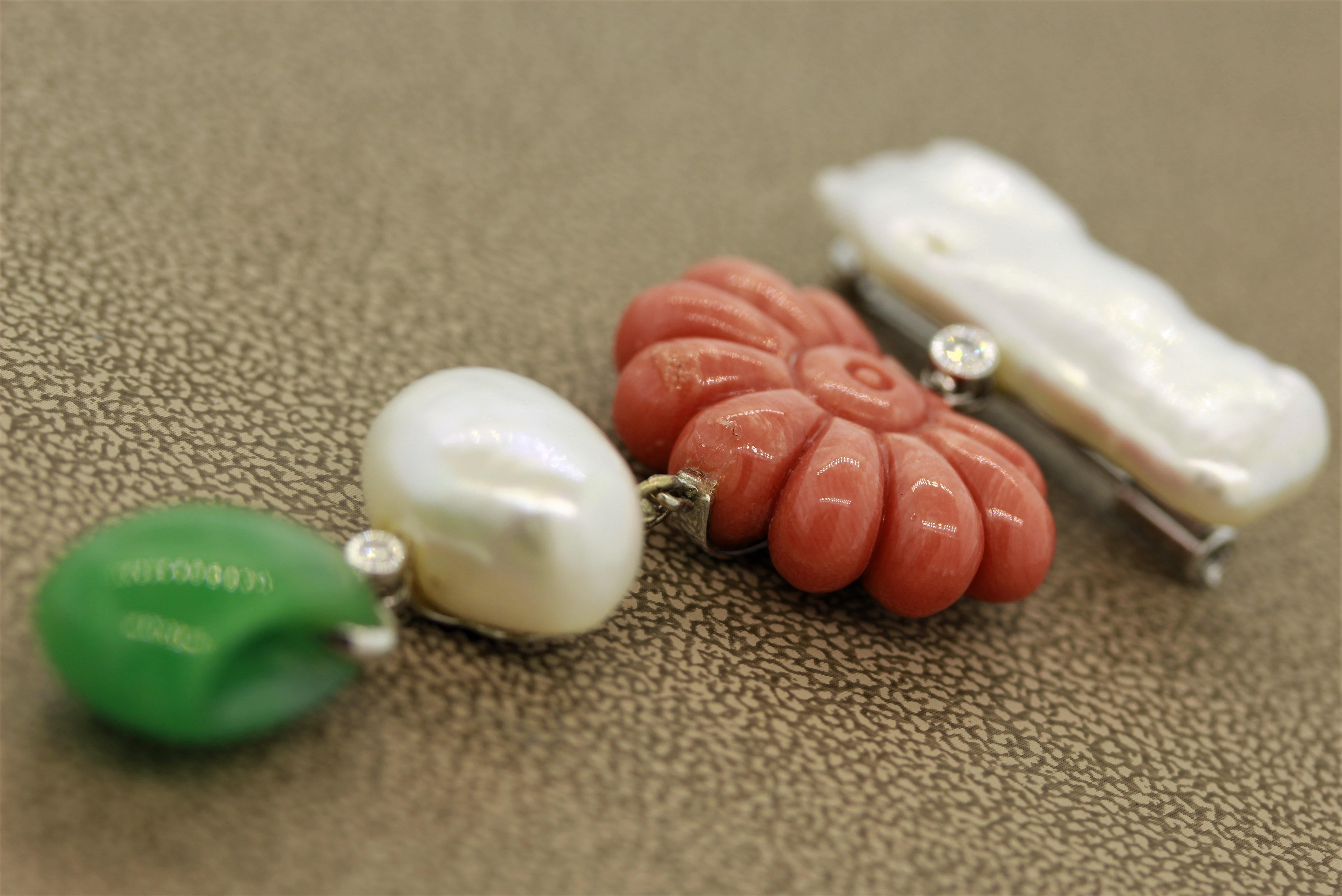 Coral Pearl Jadeite Jade Diamond Gold Drop Brooch In New Condition For Sale In Beverly Hills, CA
