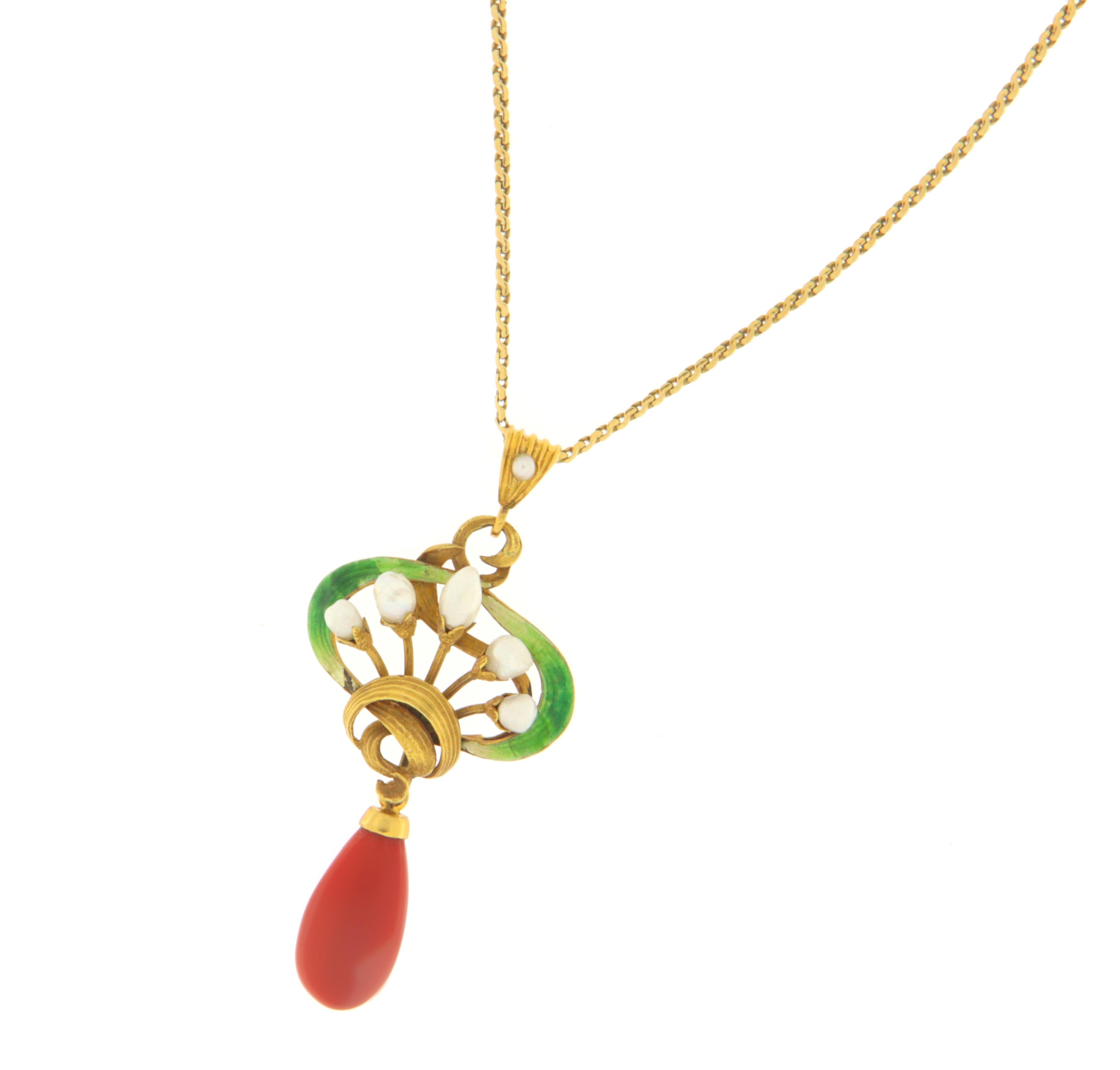 Mixed Cut Coral Pearl Yellow Gold 14 Karat Drop Necklace  For Sale