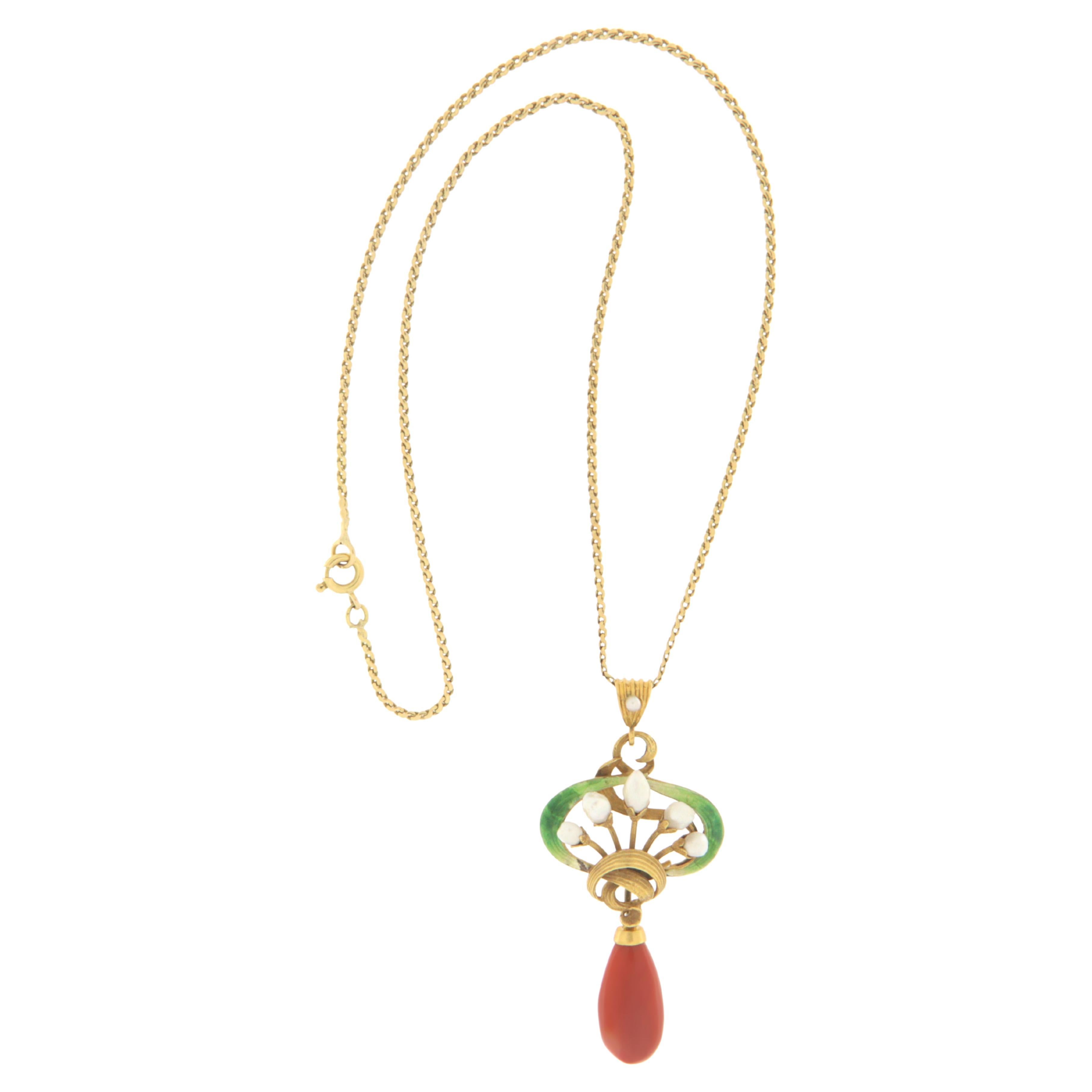 Coral Pearl Yellow Gold 14 Karat Drop Necklace  For Sale