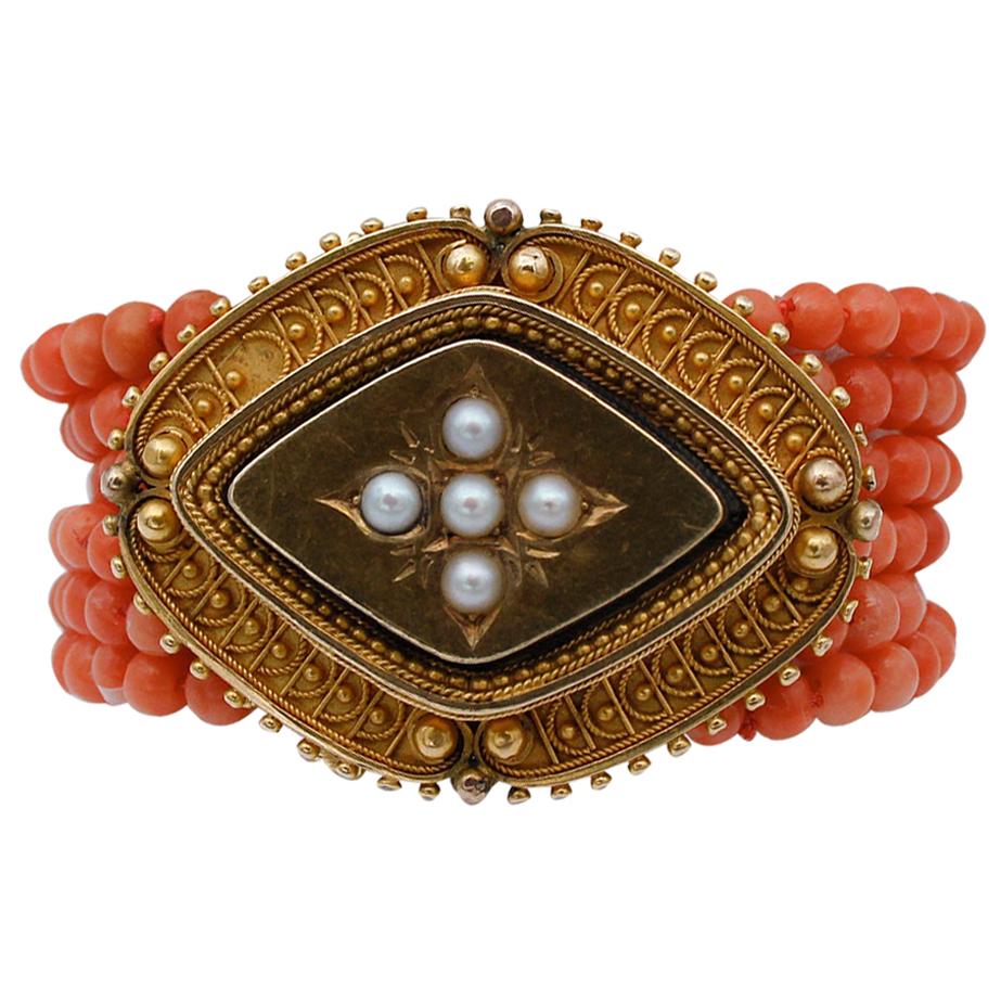Coral, Pearls, 18 Karat Yellow Gold Beaded Bracelet For Sale
