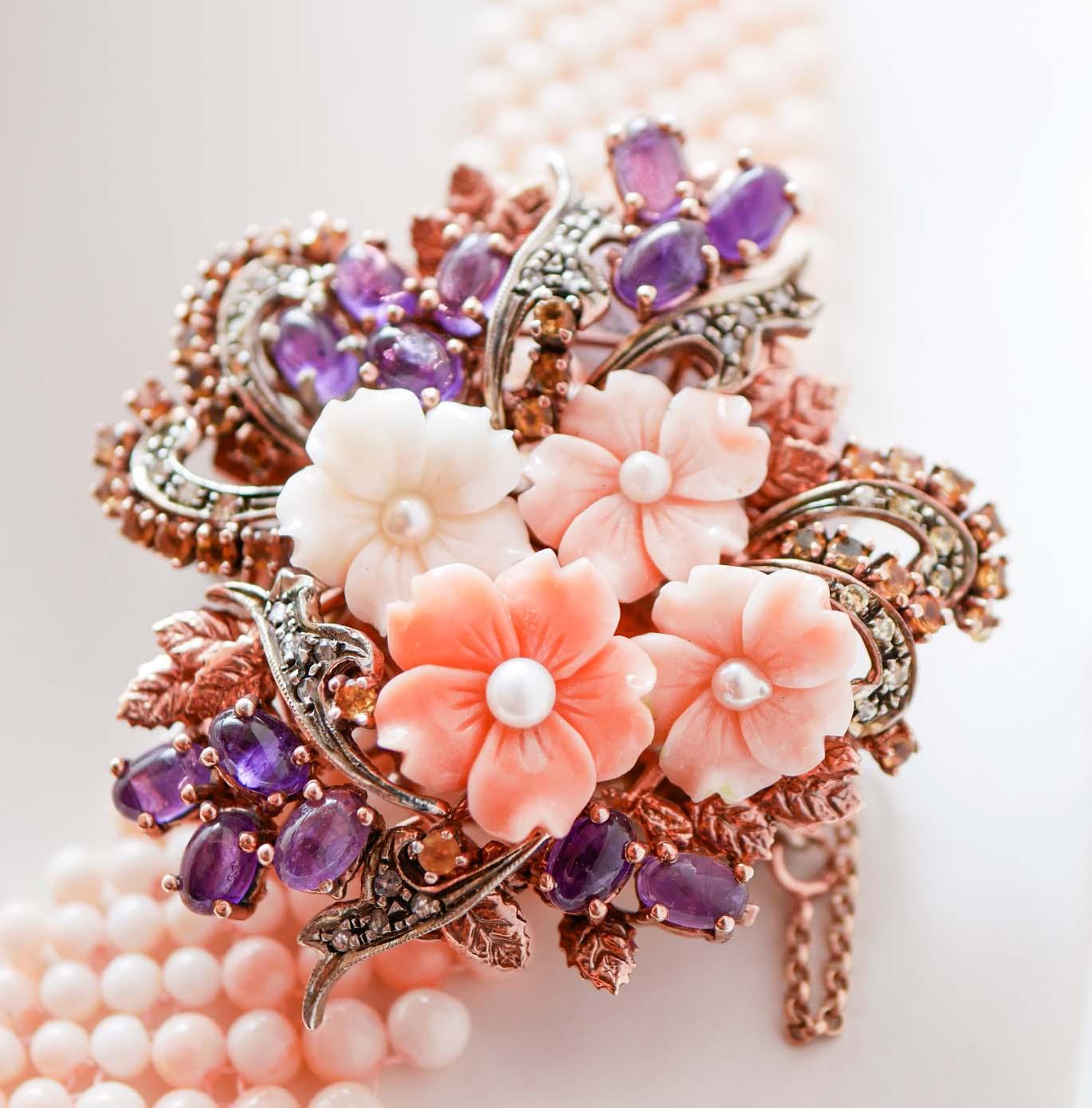 Rétro Coral, Pearls, Amethysts, Topaz, Diamonds, Rose Gold and Silver Necklace. in vendita