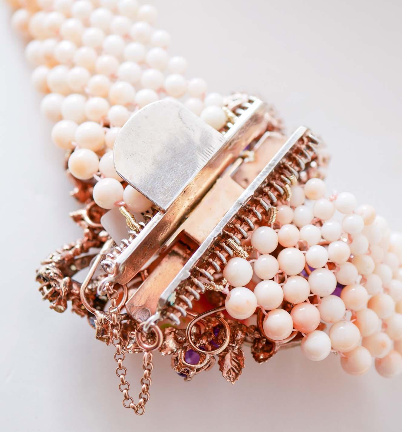 Taglio misto Coral, Pearls, Amethysts, Topaz, Diamonds, Rose Gold and Silver Necklace. in vendita