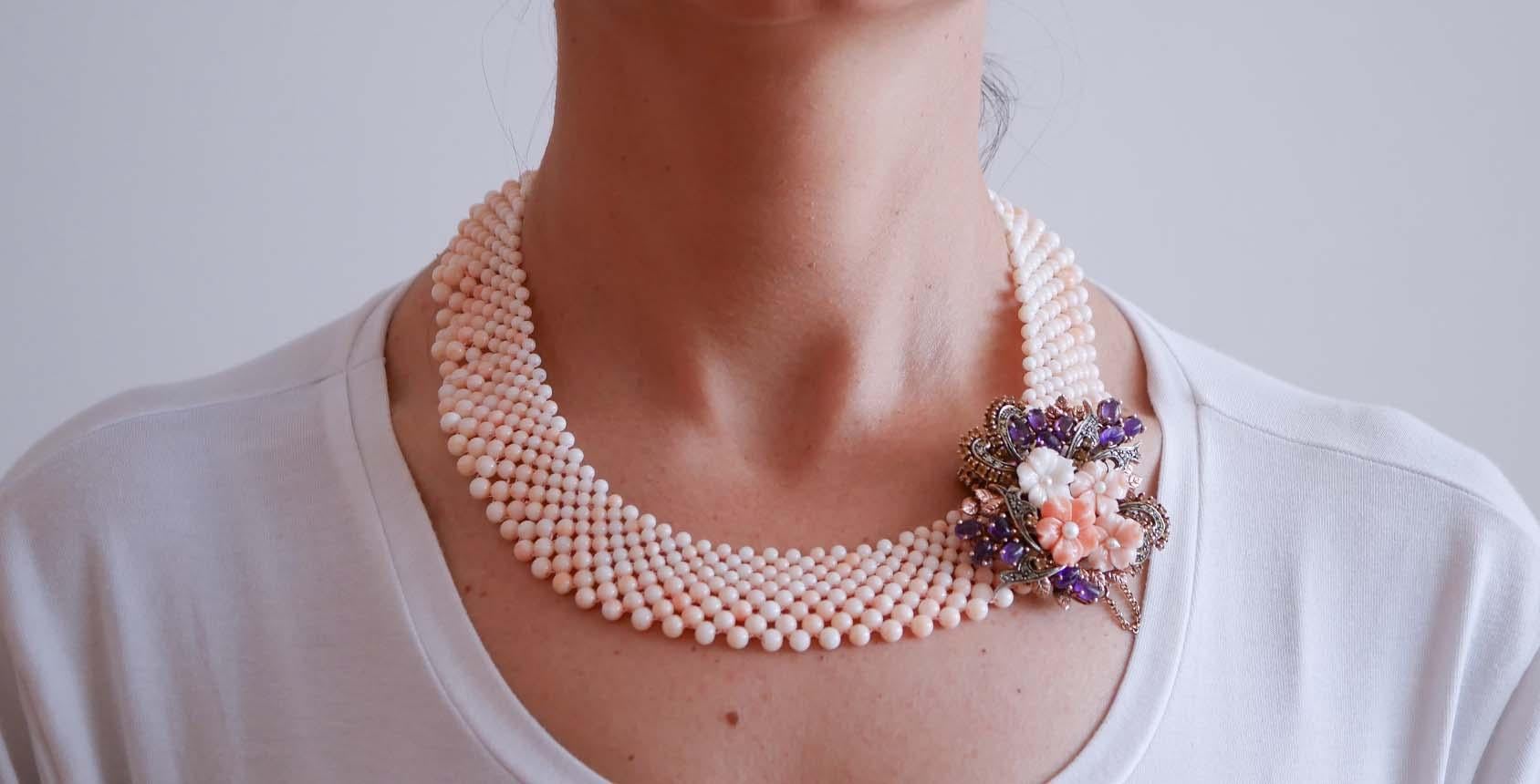 Coral, Pearls, Amethysts, Topaz, Diamonds, Rose Gold and Silver Necklace. In condizioni buone in vendita a Marcianise, Marcianise (CE)