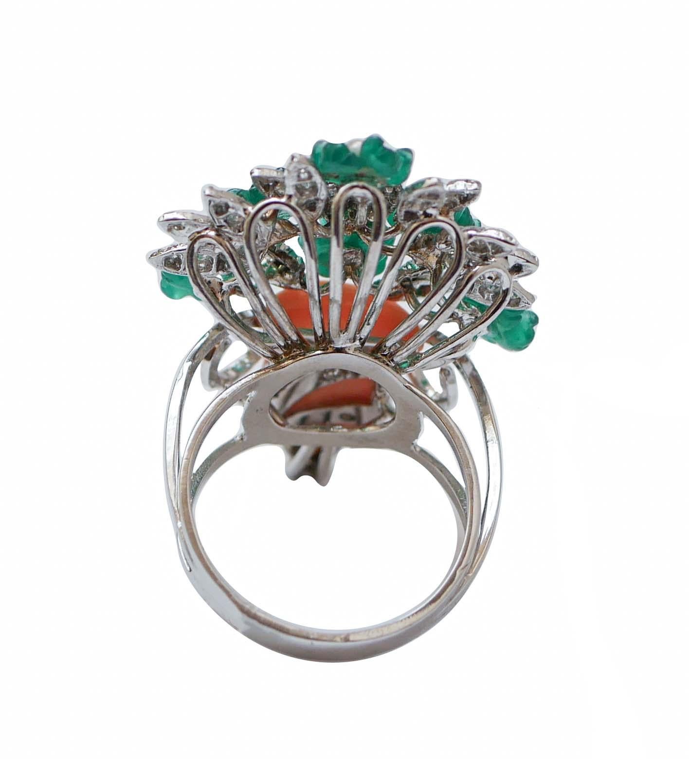 Retro Coral, Pearls, Diamonds, Green Agate, 14 Karat White Gold Ring. For Sale