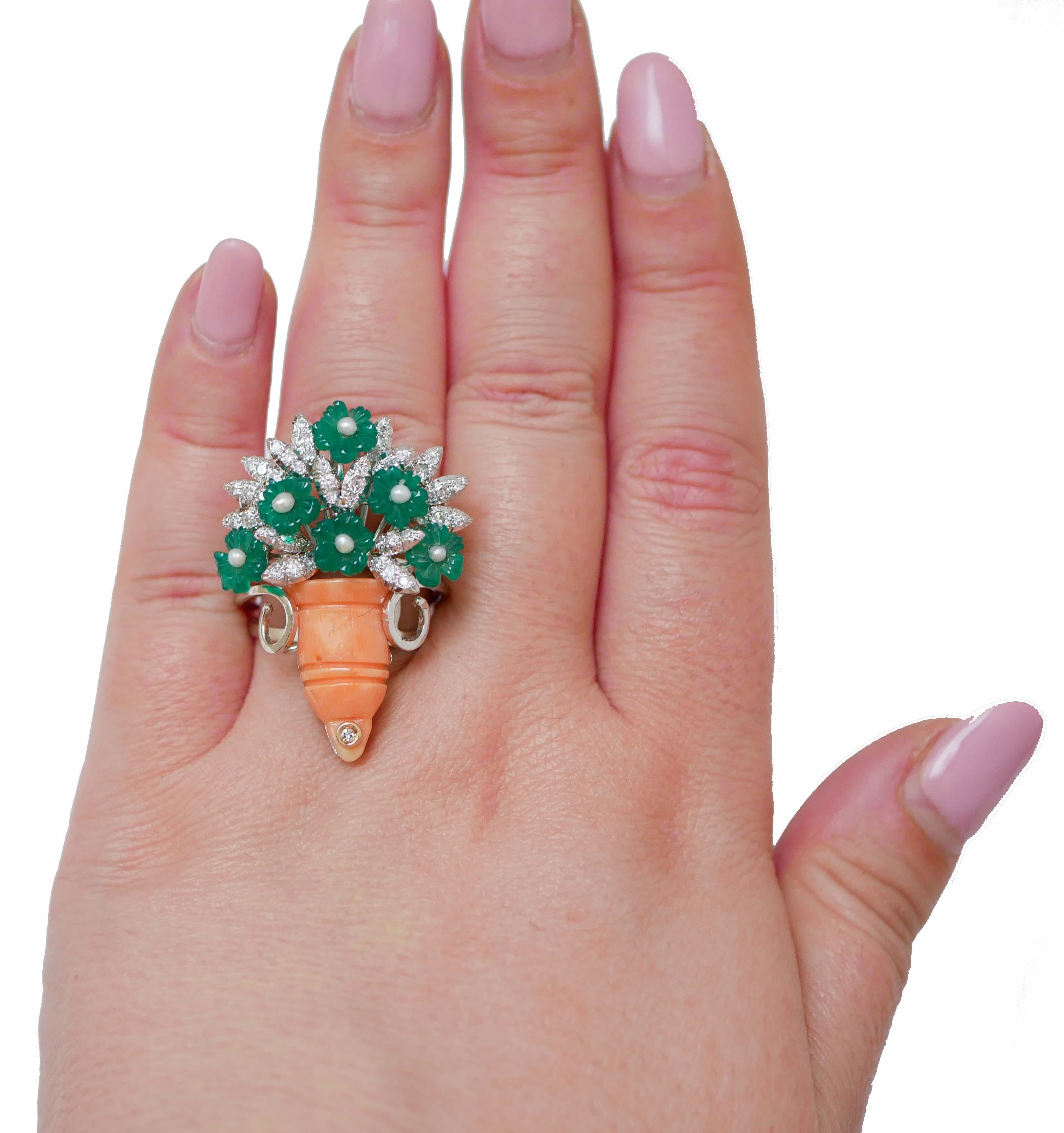 Mixed Cut Coral, Pearls, Diamonds, Green Agate, 14 Karat White Gold Ring. For Sale