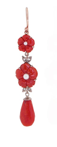 Coral Pearls, Diamonds, Rose Gold and Silver Earrings.