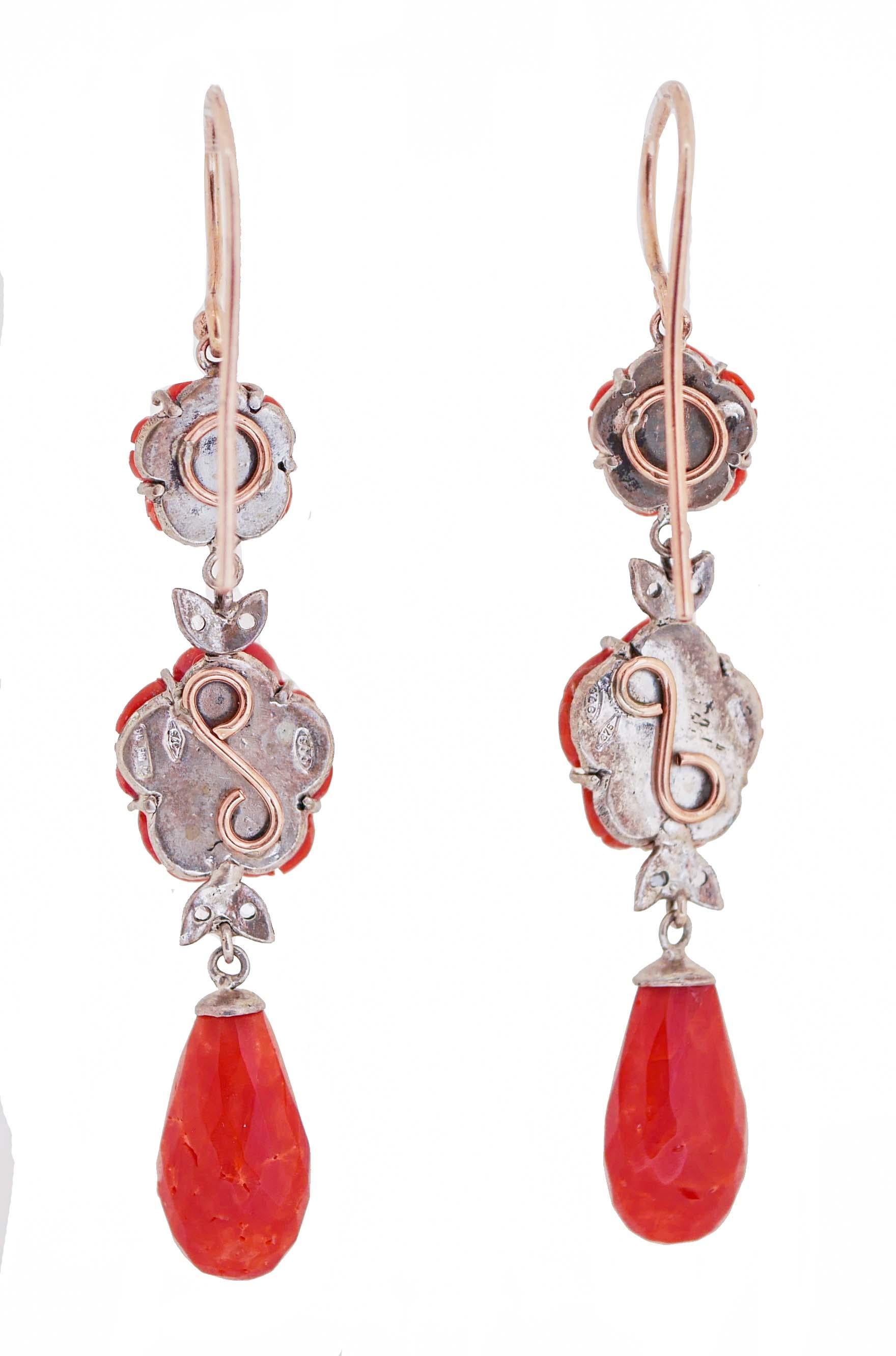 Retro Coral Pearls, Diamonds, Rose Gold and Silver Earrings. For Sale