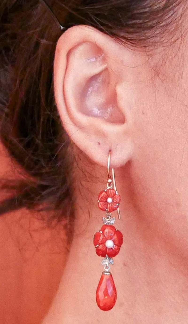 Coral Pearls, Diamonds, Rose Gold and Silver Earrings. In Good Condition For Sale In Marcianise, Marcianise (CE)