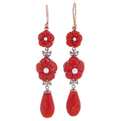 Coral Pearls, Diamonds, Rose Gold and Silver Earrings.