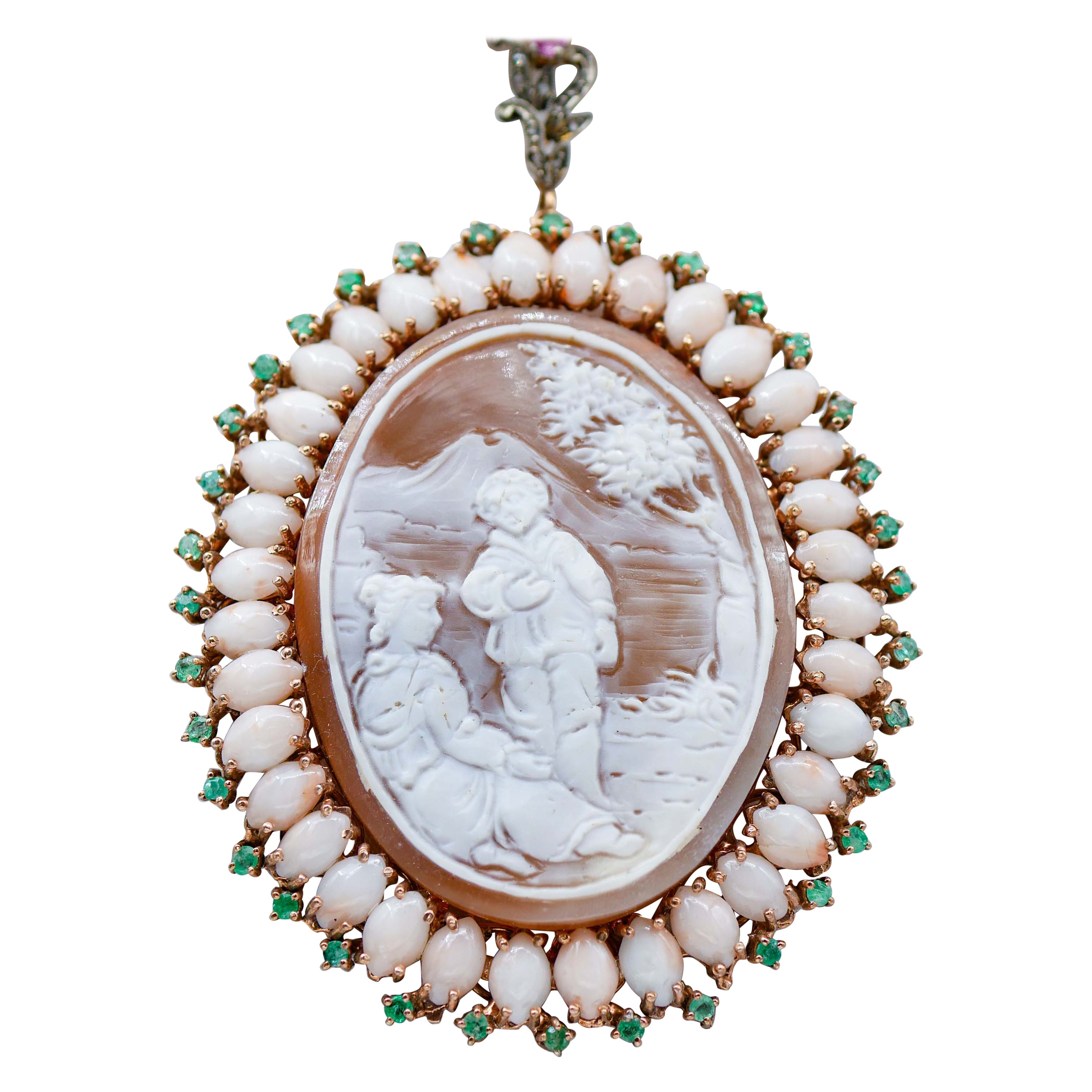 Collier en or rose, perles, diamants, rubis, émeraudes, camée