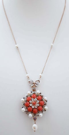 Coral, Pearls, Diamonds, Sapphires, Rose Gold and Silver Pendant Necklace.