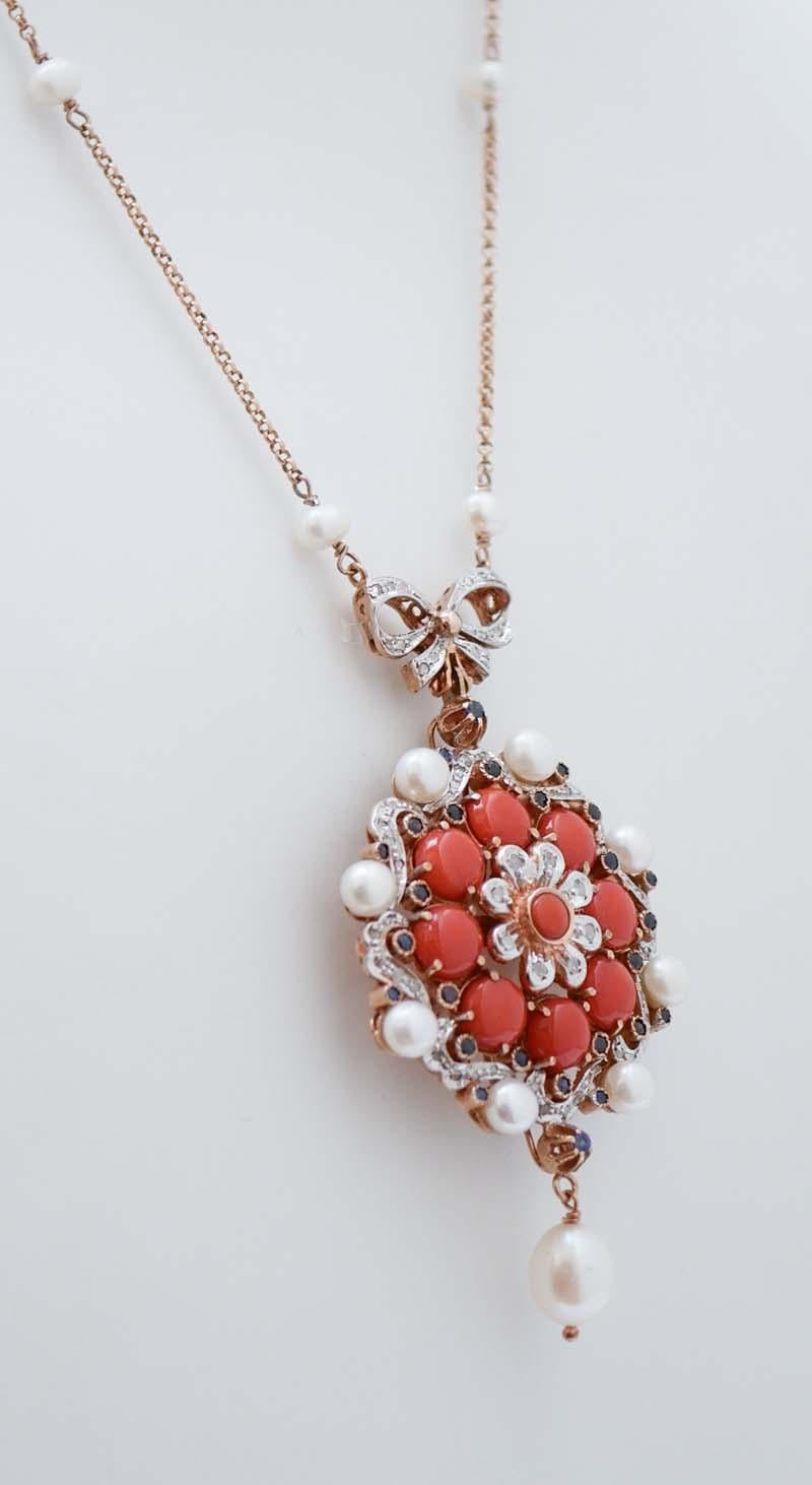 Retro Coral, Pearls, Diamonds, Sapphires, Rose Gold and Silver Pendant Necklace.