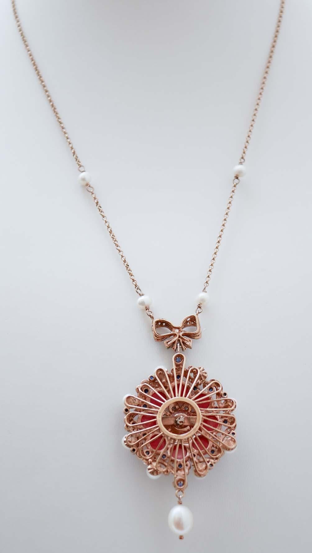 Mixed Cut Coral, Pearls, Diamonds, Sapphires, Rose Gold and Silver Pendant Necklace.