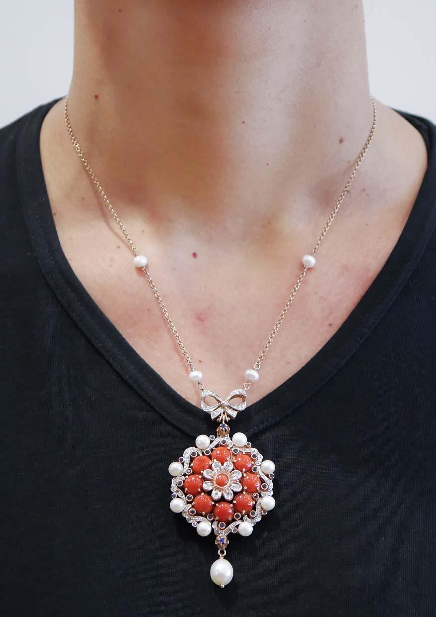 Women's Coral, Pearls, Diamonds, Sapphires, Rose Gold and Silver Pendant Necklace.