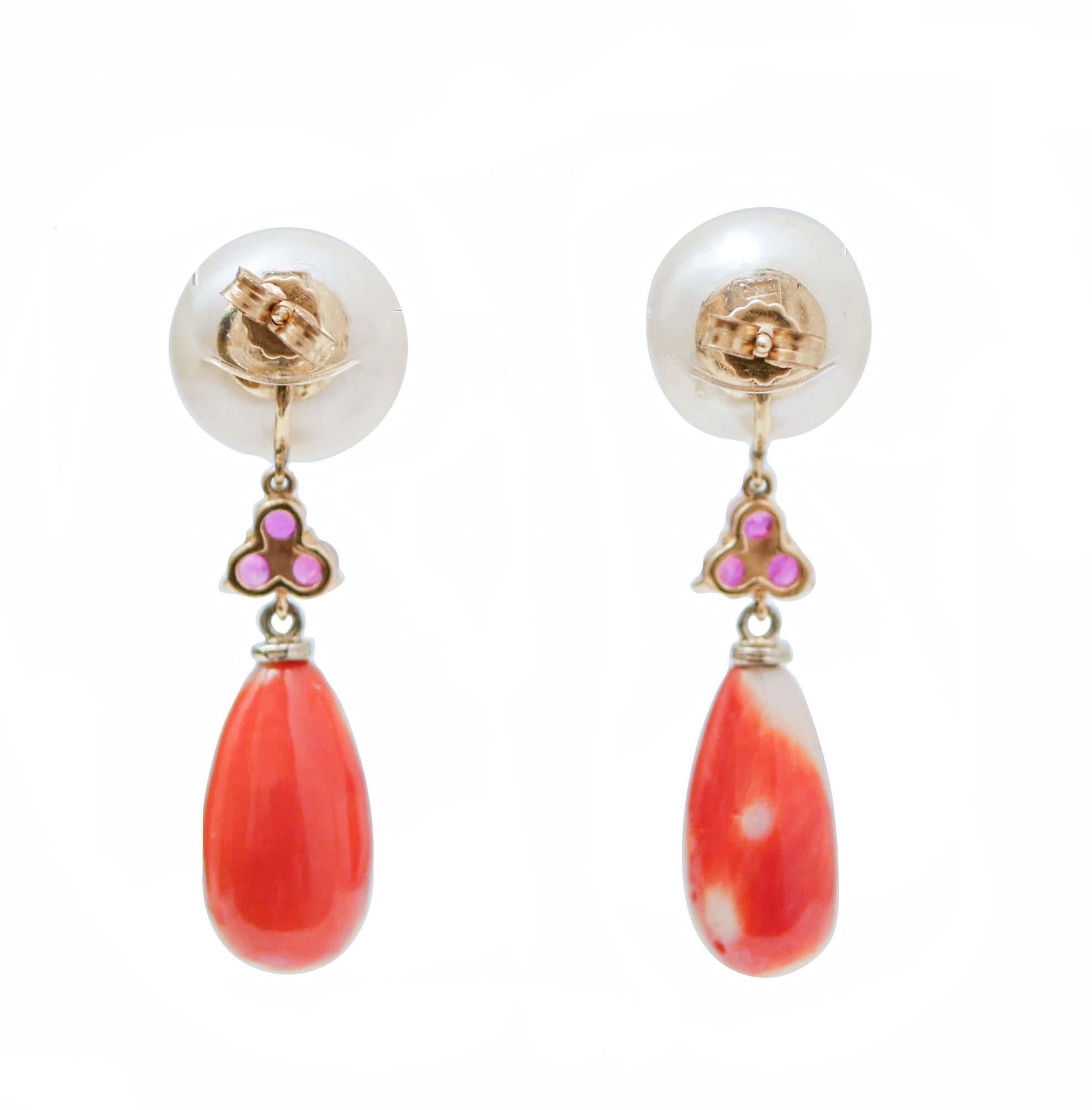 Retro Coral, Pearls, Rubies, Diamonds, 14 Karat Rose Gold Dangle Earrings. For Sale