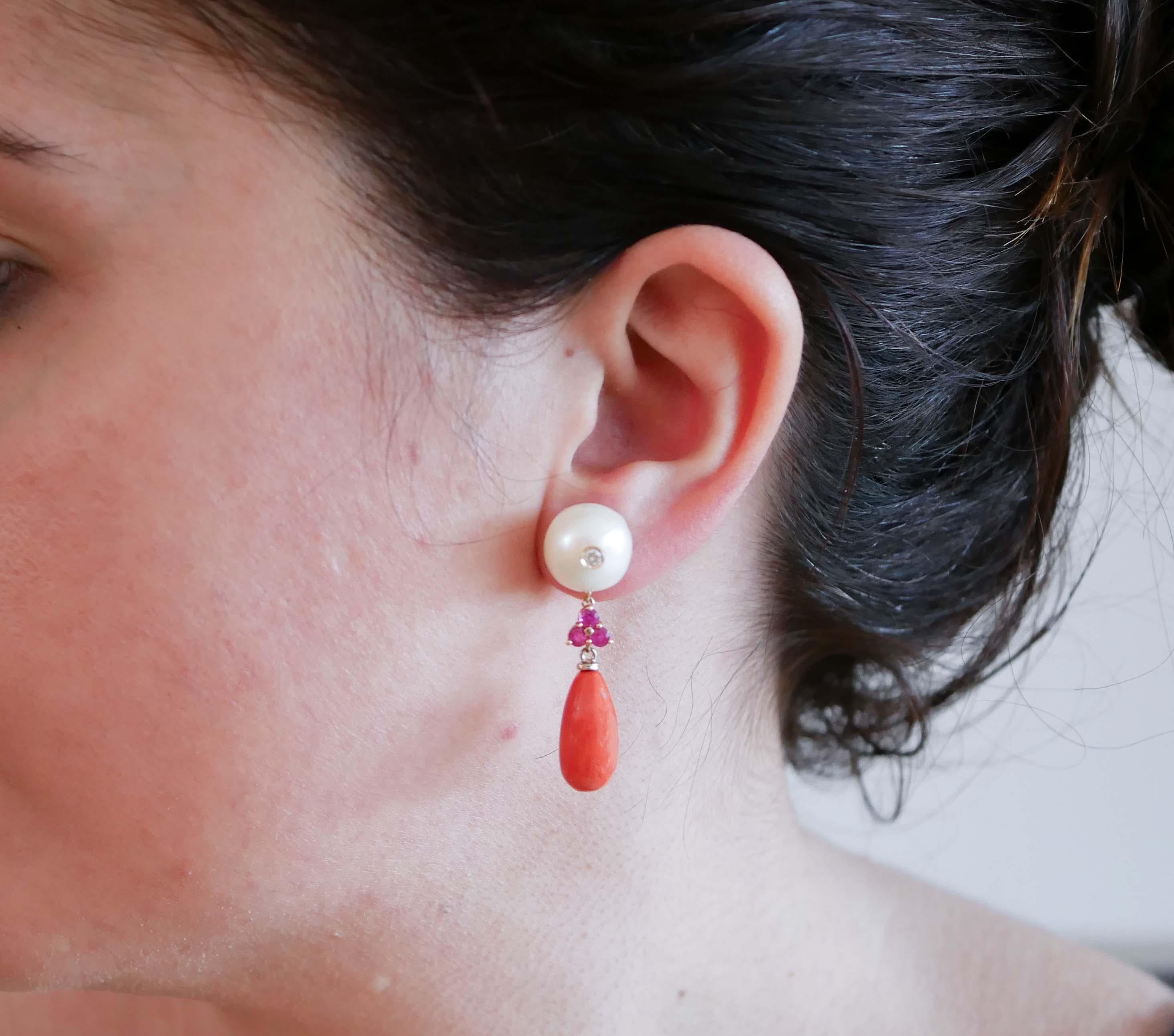 Mixed Cut Coral, Pearls, Rubies, Diamonds, 14 Karat Rose Gold Dangle Earrings. For Sale