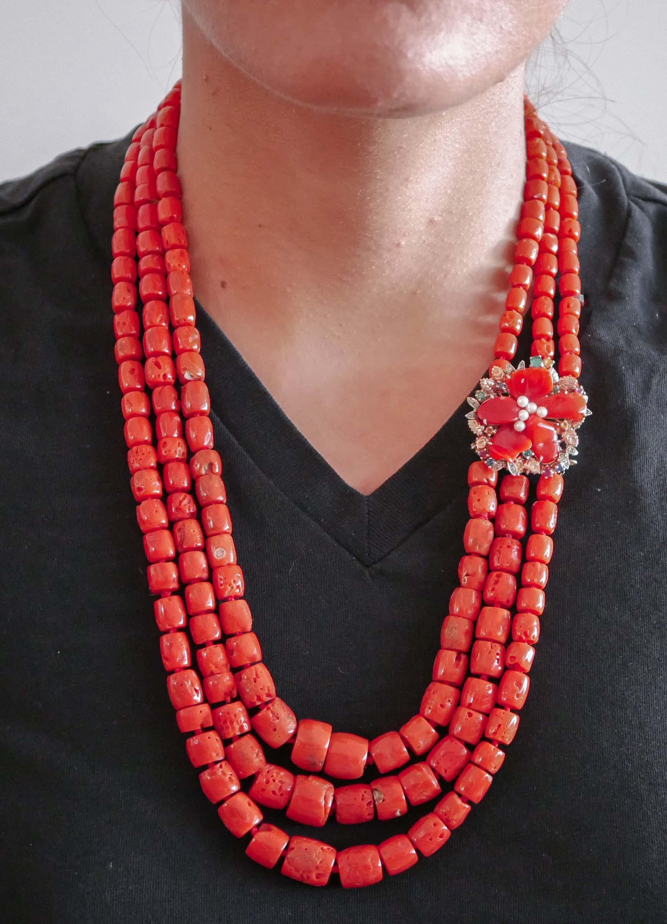 Retro Coral, Pearls, Rubies, Emeralds, Sapphires, Diamonds, Gold and Silver Necklace. For Sale