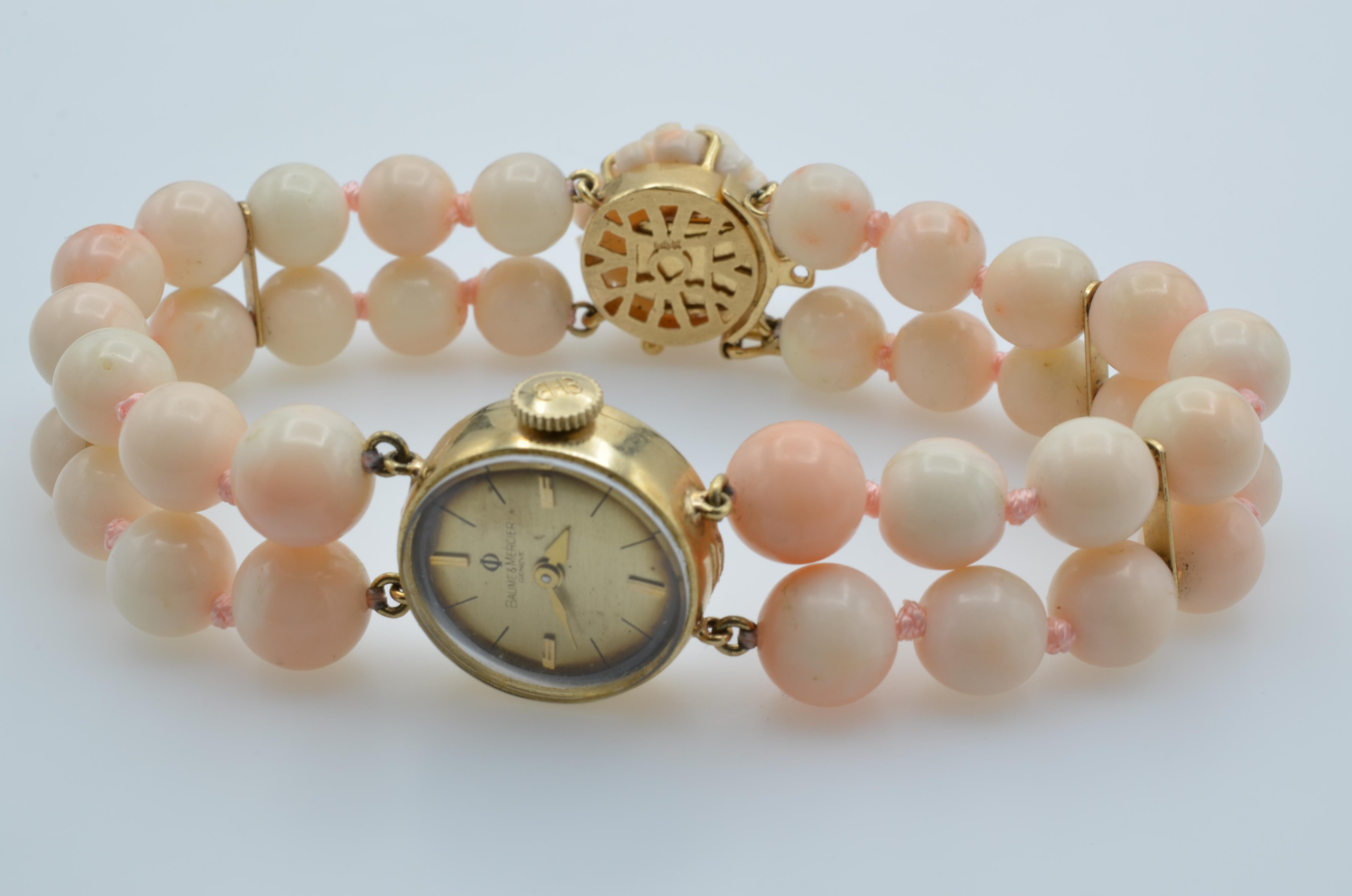 Modernist Baume et Mercier Woman Wrist Watch Mechanic Beads Coral 14 Karat Gold For Sale