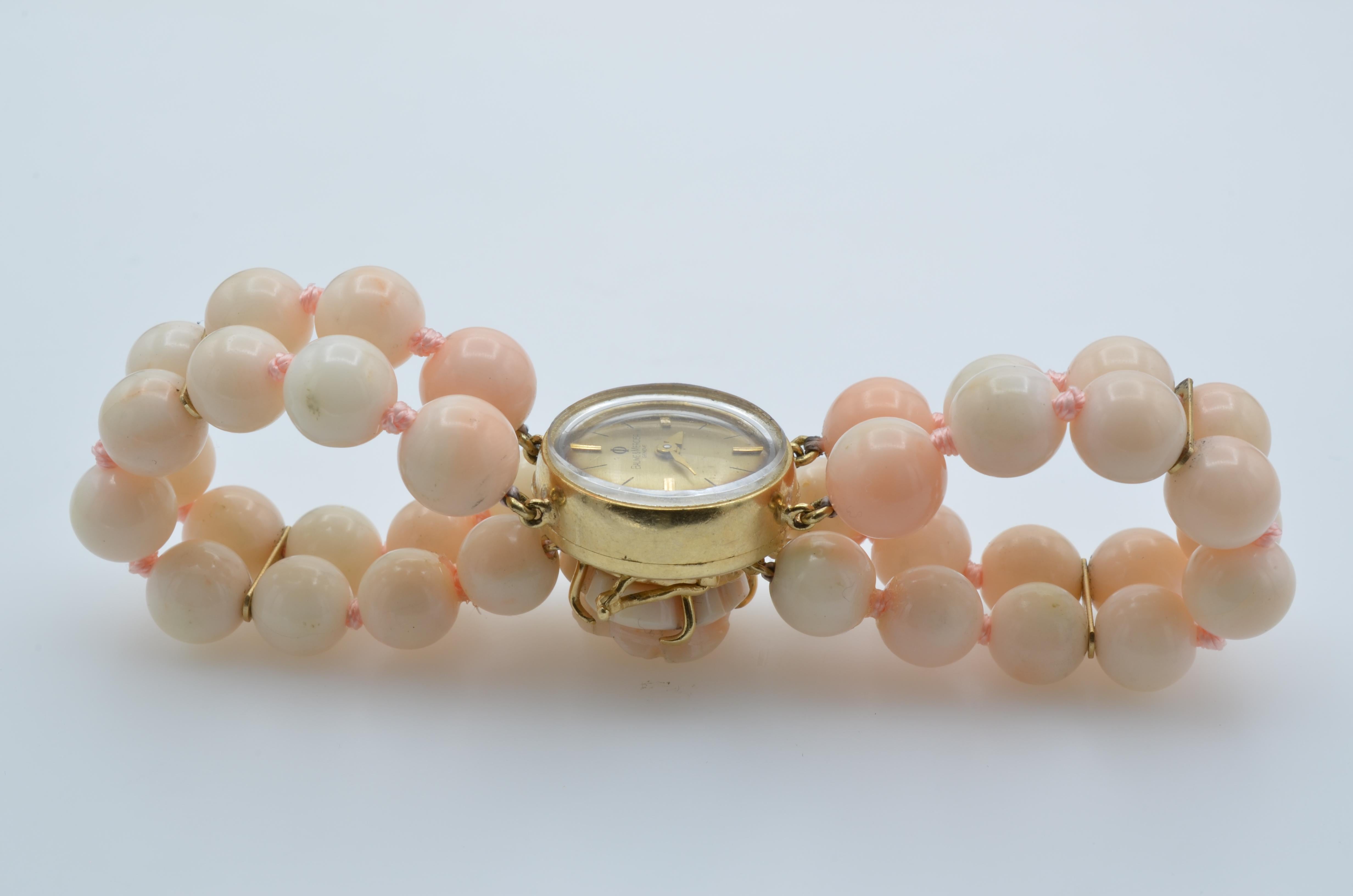 Baume et Mercier Woman Wrist Watch Mechanic Beads Coral 14 Karat Gold In Good Condition For Sale In Berkeley, CA