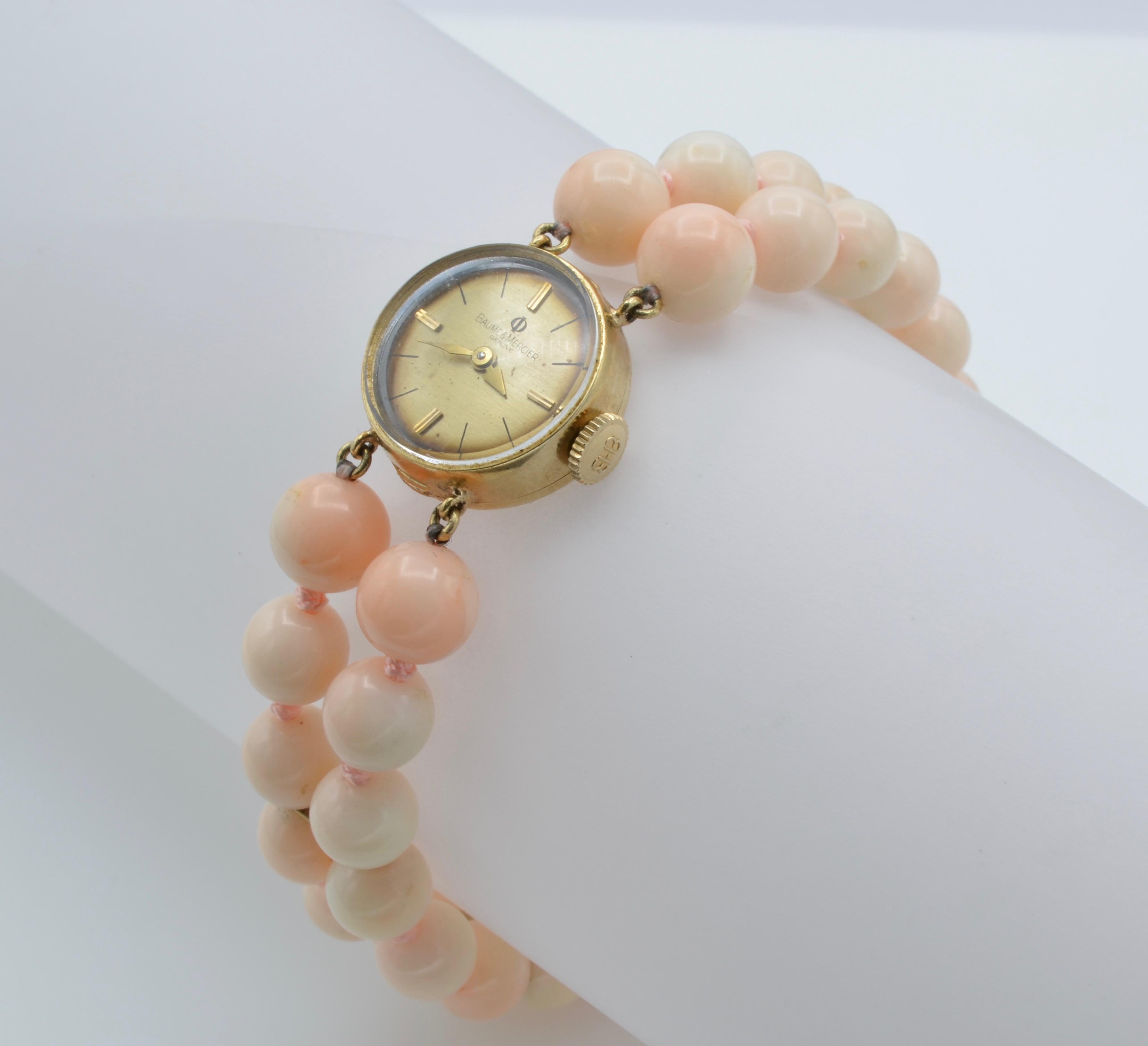 Baume et Mercier Woman Wrist Watch Mechanic Beads Coral 14 Karat Gold For Sale 1