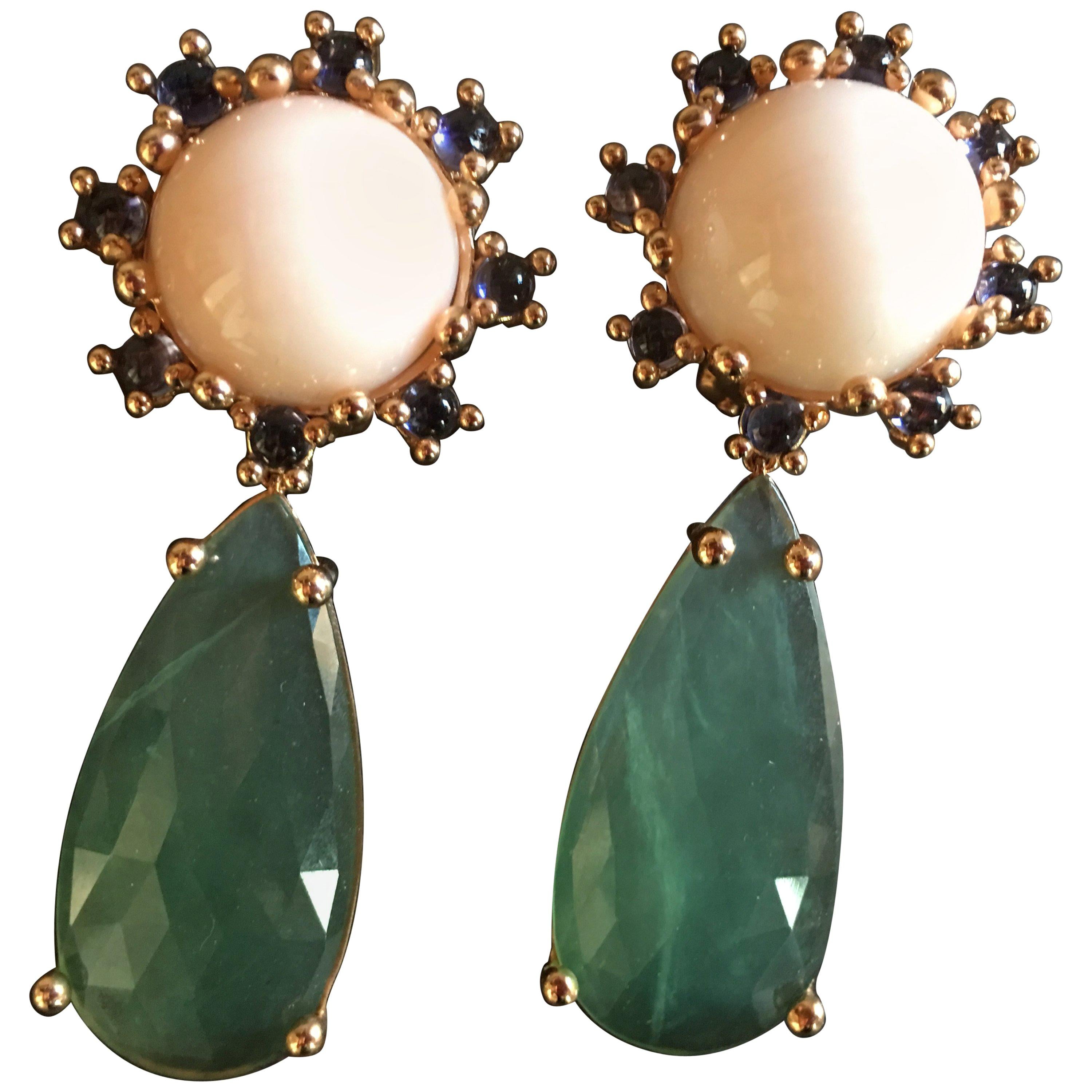 Pendientes Coral Peaux D'ange Tanzanita Serpentina Gota Oro 18 Kilates