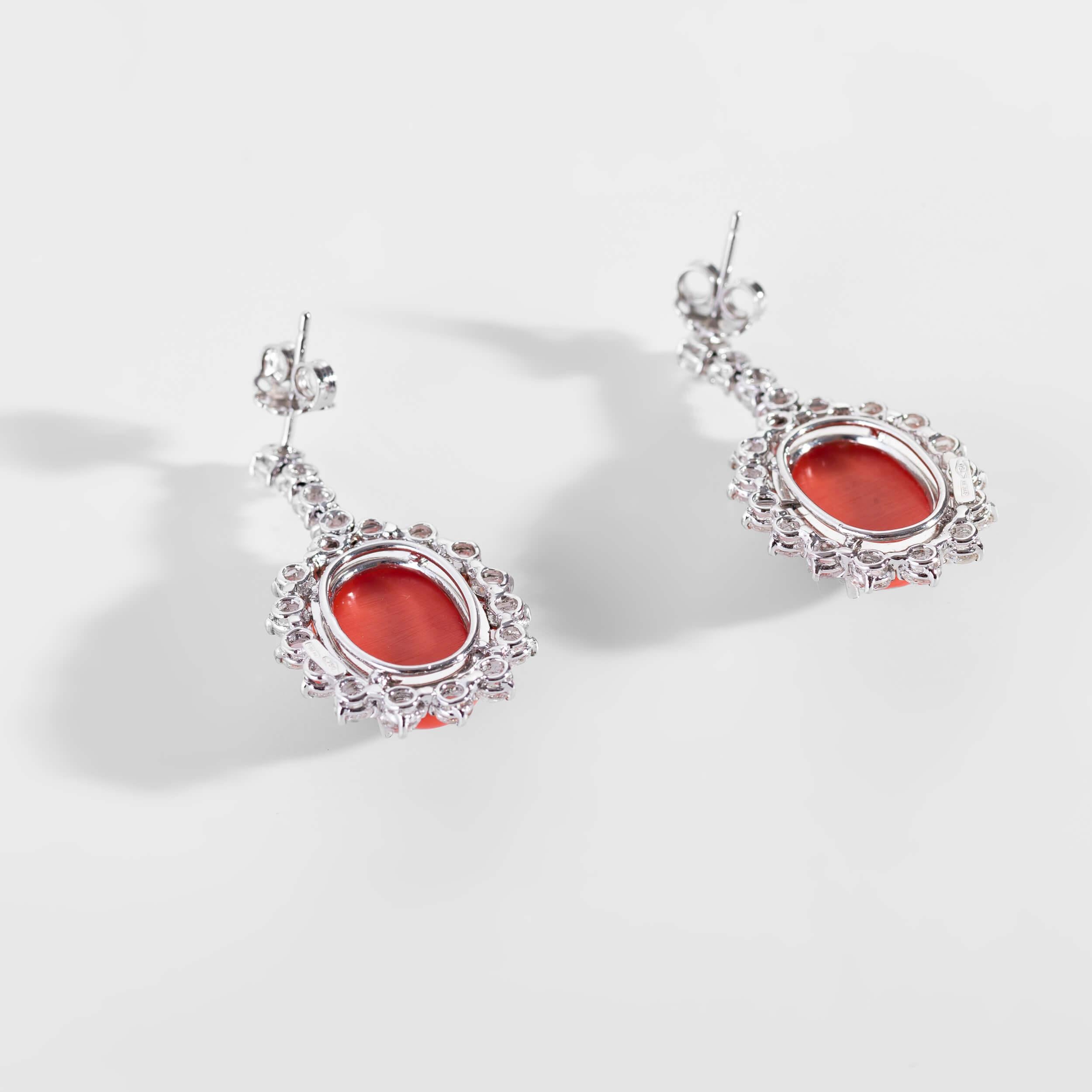 Modern Coral Pendant Earrings Set with Rose Cut Diamonds For Sale