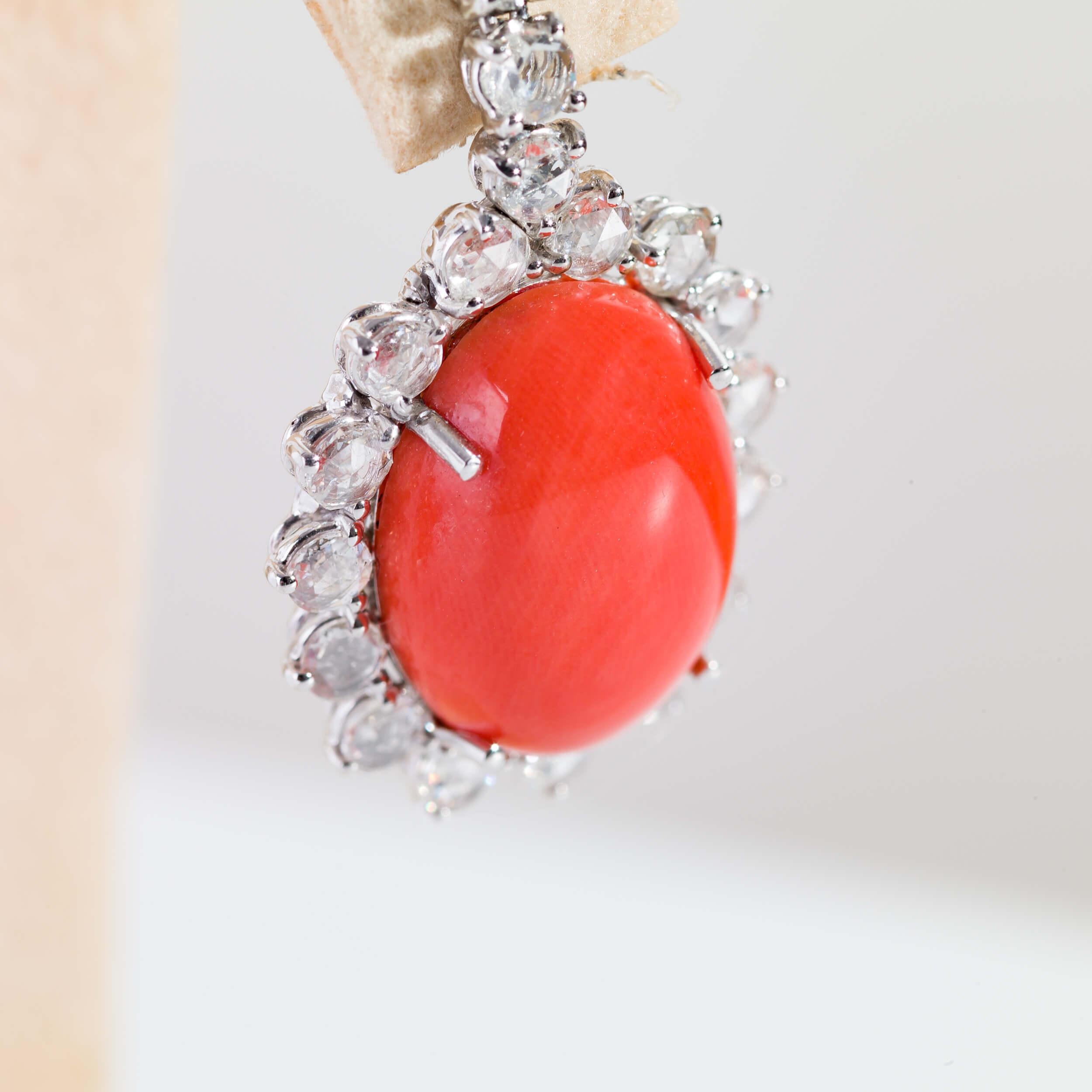 Coral Pendant Earrings Set with Rose Cut Diamonds In New Condition For Sale In Palermo, IT