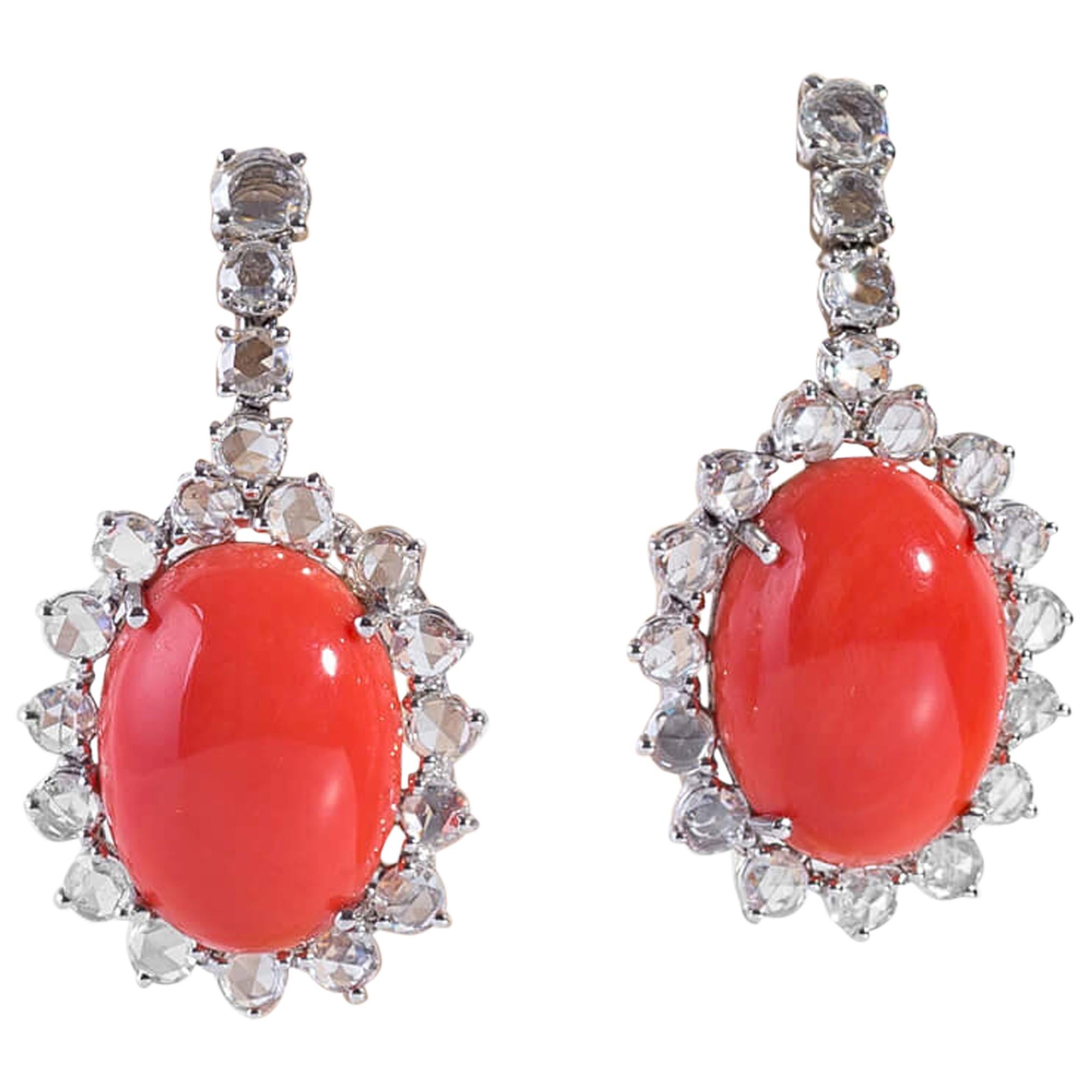 Coral Pendant Earrings Set with Rose Cut Diamonds For Sale