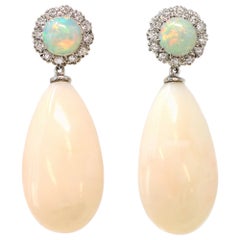 Coral Pendant Earrings with Diamond Halo Opal Set in 18k