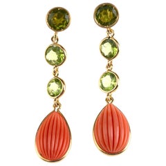 Vintage Coral Peridot 18 Karat Gold Earrings