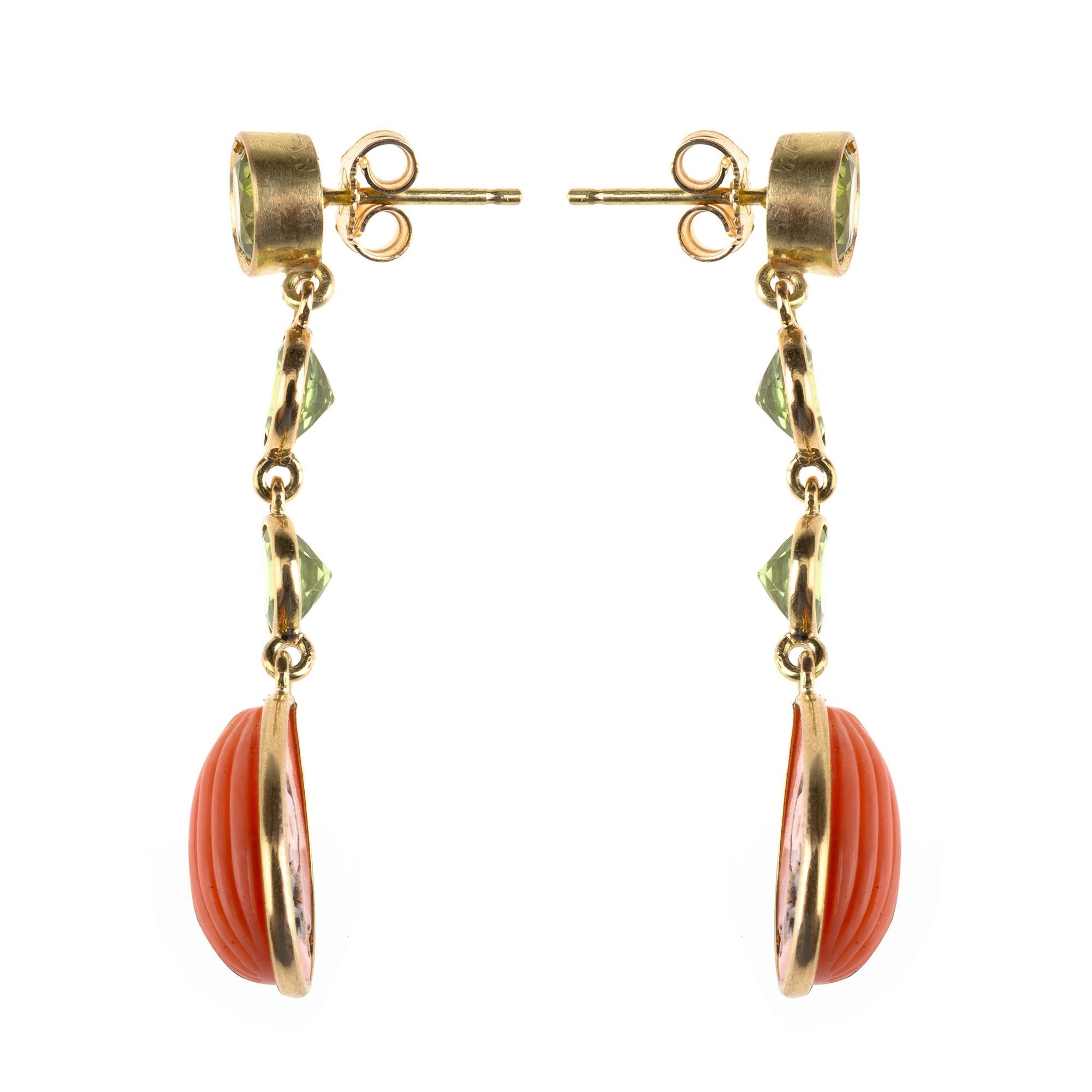 Mixed Cut Coral Peridot 18 Karat Gold Earrings For Sale