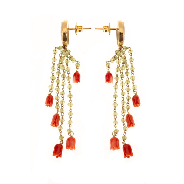 Coral Peridot Mother of Pearl 18 Karat Gold Earrings For Sale at 1stDibs