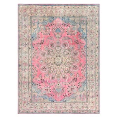 Coral Pink Distressed Worn Wool Vintage Persian Tabriz Hand Knotted Oriental Rug