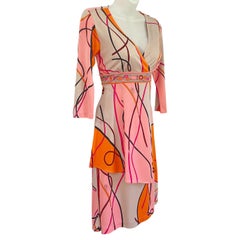Flora Kung Pink Orange Ribbon Print Mock Wrap Deep-V Silk Dress NWT