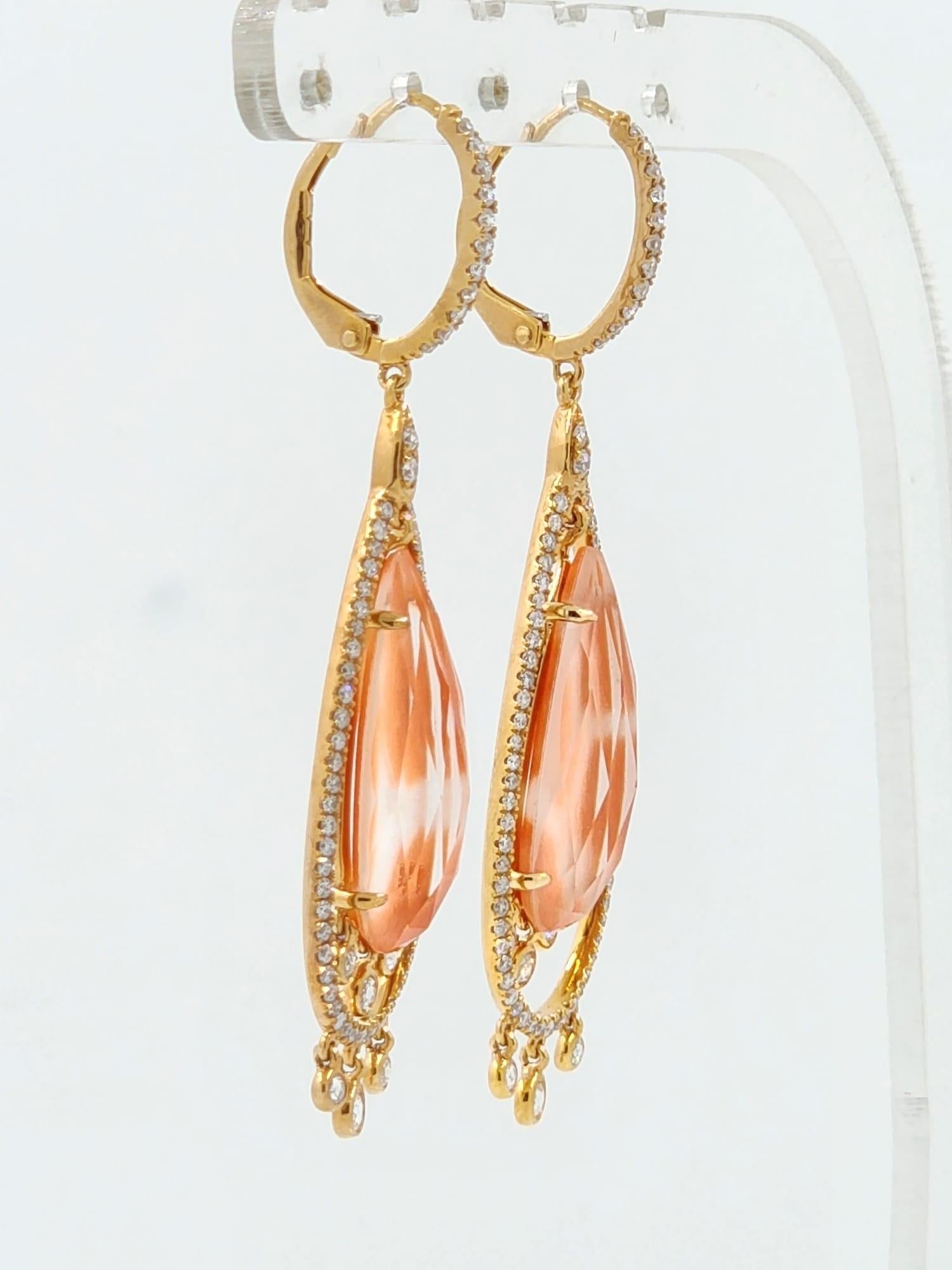 Art Deco Coral Quartz Doublet Dangle Earrings in 18K Rose Gold For Sale