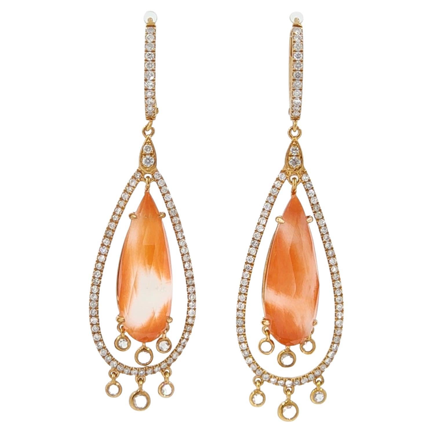 Coral Quartz Doublet Dangle Earrings in 18K Rose Gold For Sale