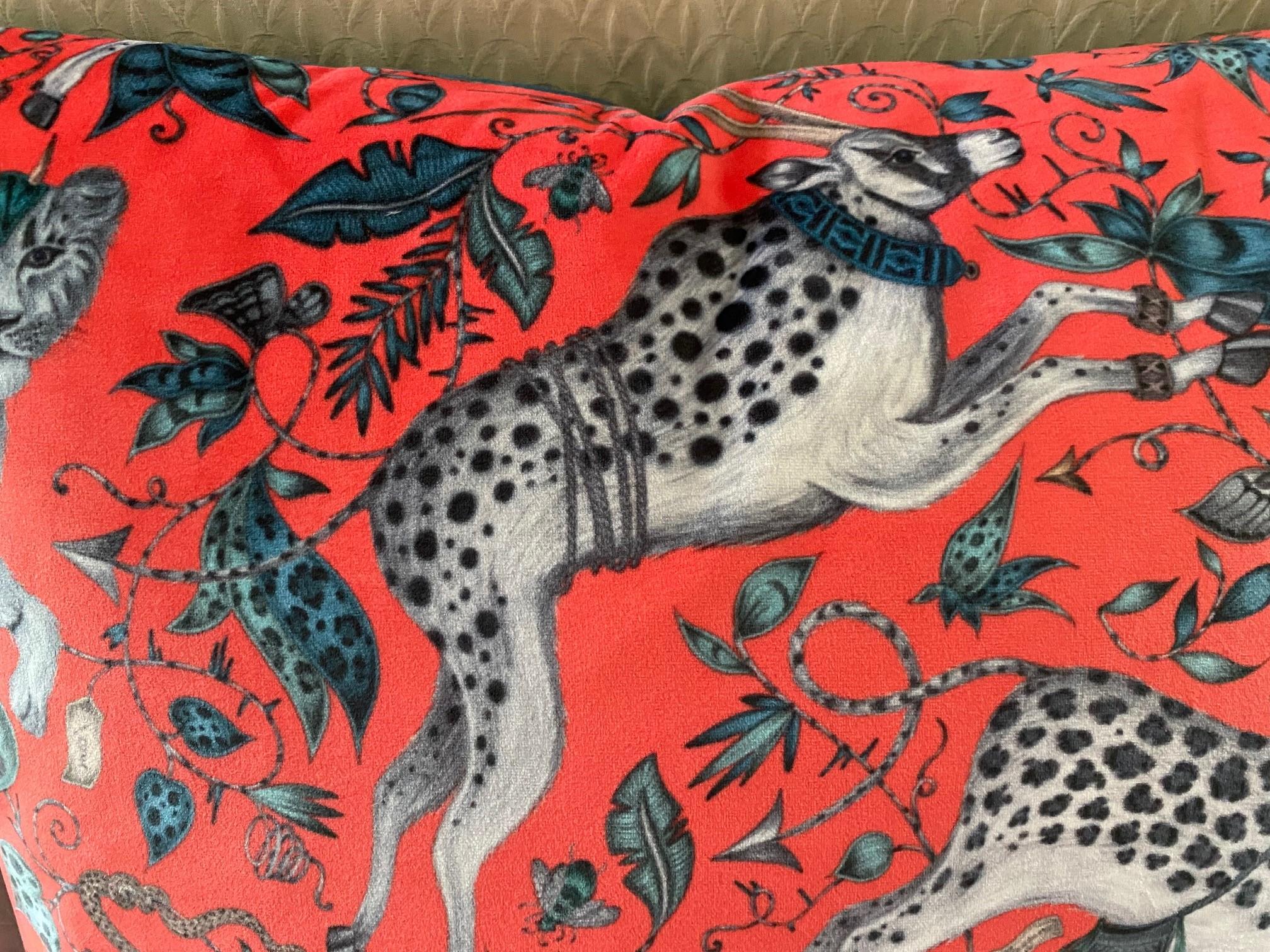Coral Red and Teal Jungle Scene Velvet Decorative Pillow with Contrasting Teal In New Condition In Morristown, NJ