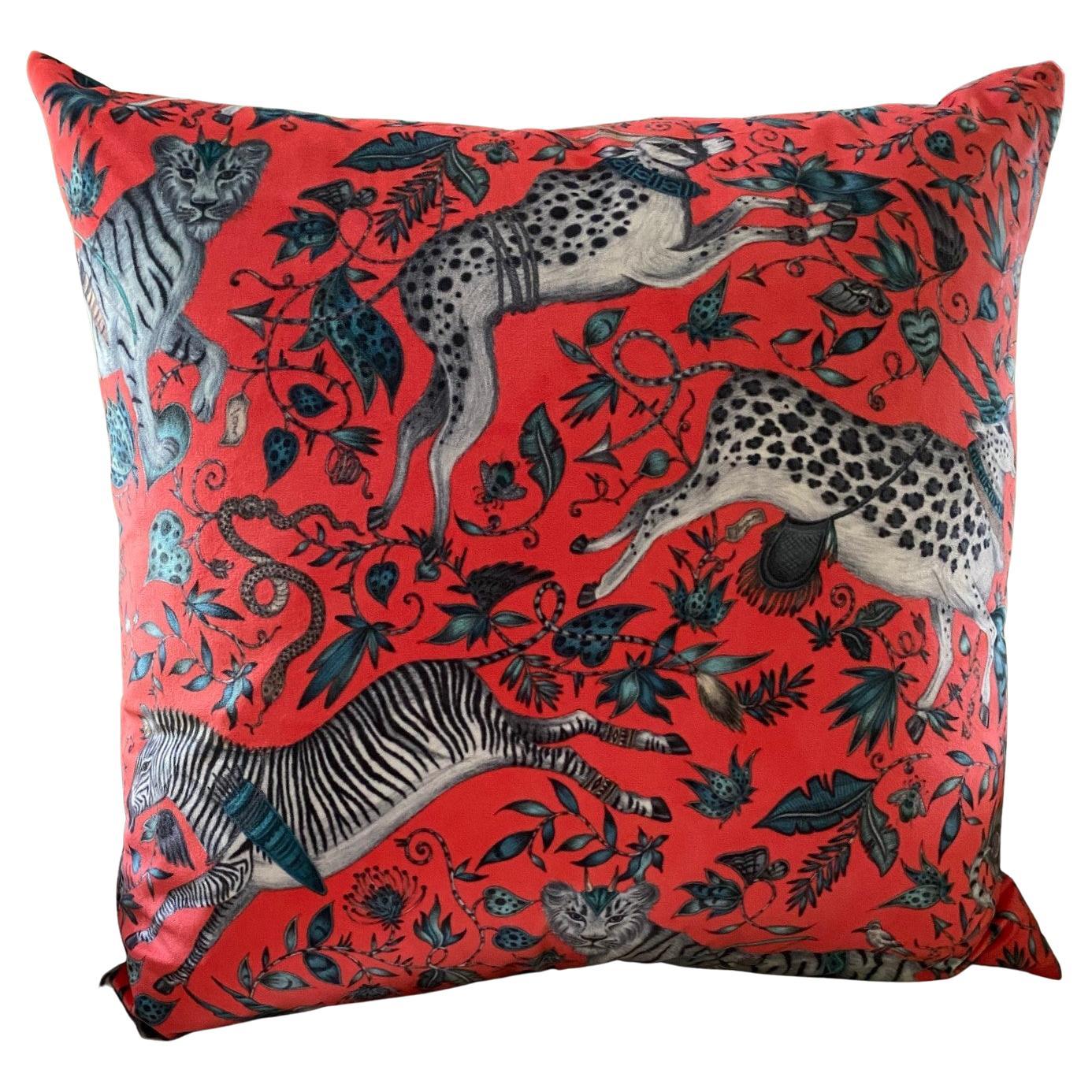 A P.G. Ruskin and Company knife-edge square pillow (zippered case and down insert) in bright coral red Protea Velvet - Emma J Shipley (front) and contrasting teal cotton velvet (back). These pillows are exclusive to P.G. Ruskin and Company and are