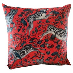 Coral Red and Teal Jungle Scene Velvet Decorative Pillow with Contrasting Teal