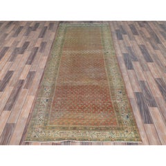 Coral Red, Hand Knotted Vintage Persian Serab, Distressed Worn Wool Runner Rug