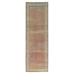 Coral Red, Hand Knotted Vintage Persian Serab, Distressed Worn Wool Runner Rug