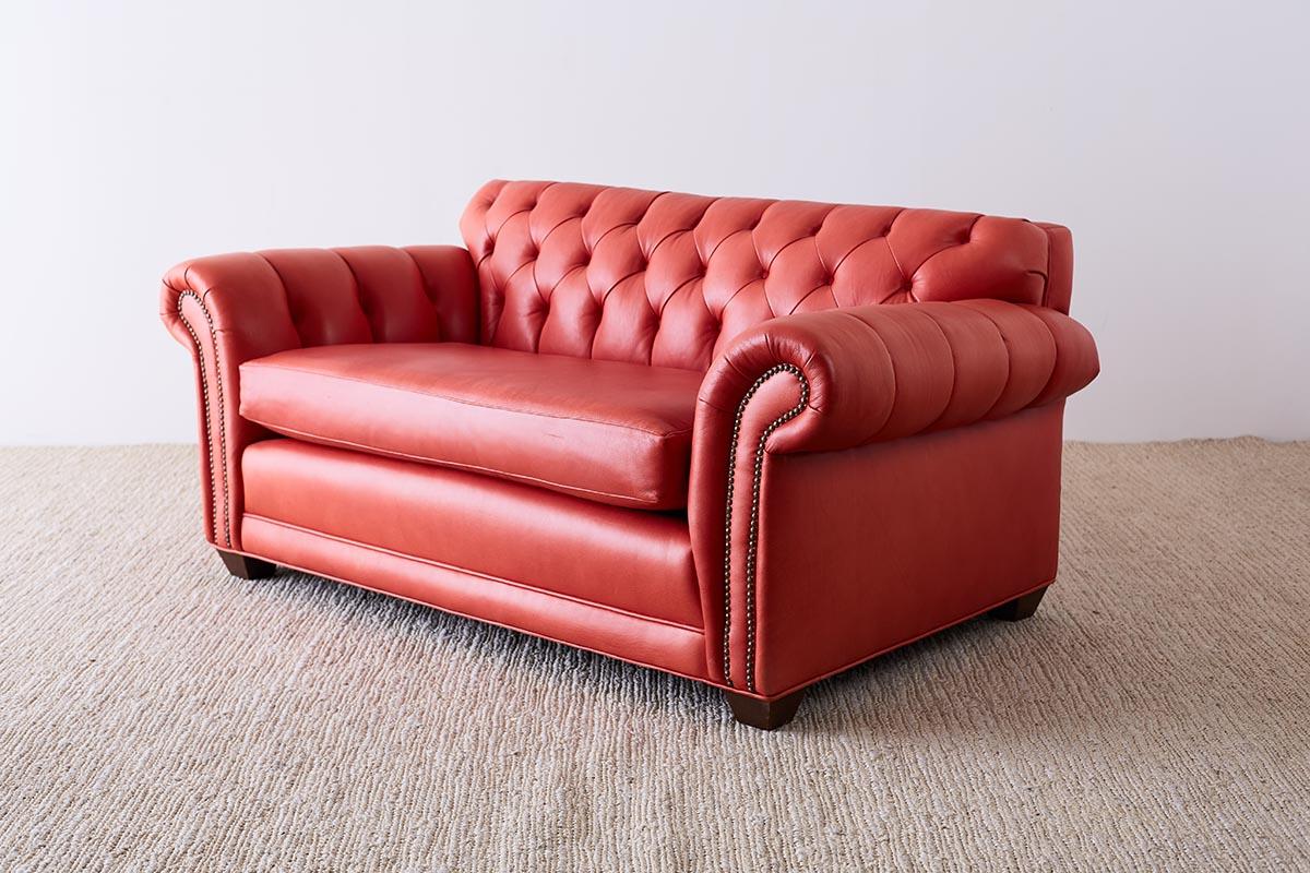 20th Century Coral Red Leather Tufted Chesterfield Sofa Settee