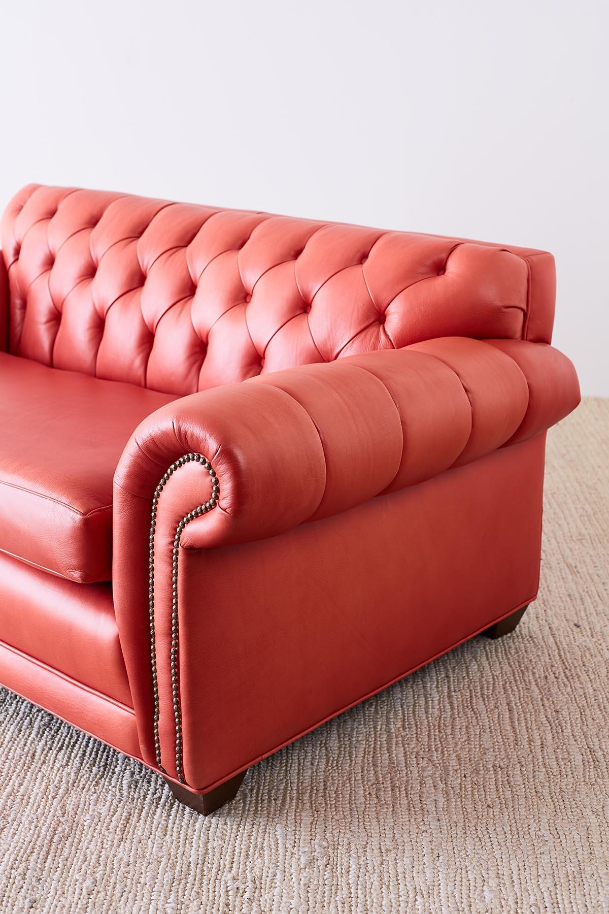 Brass Coral Red Leather Tufted Chesterfield Sofa Settee