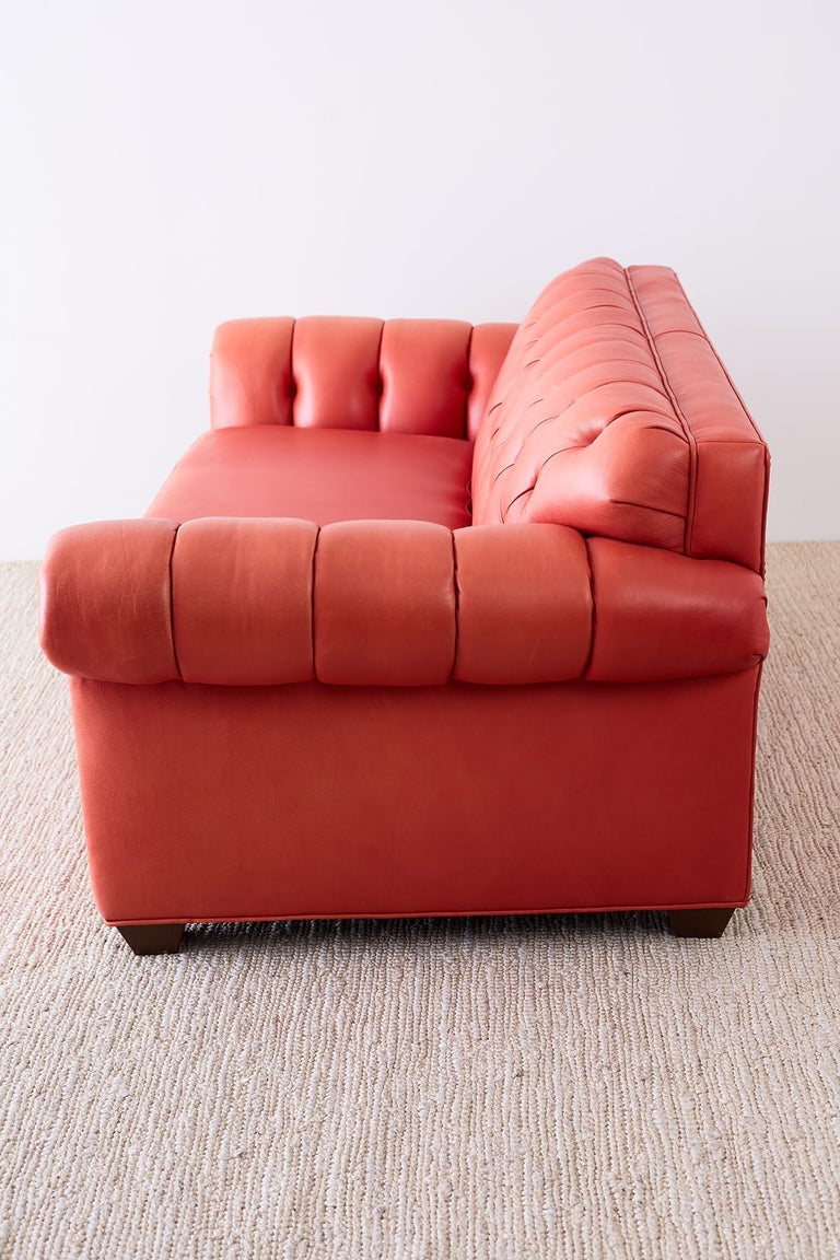 Coral Red Leather Tufted Chesterfield Sofa Settee at 1stDibs