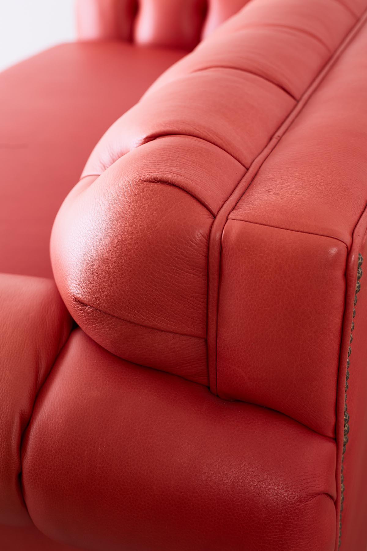 Coral Red Leather Tufted Chesterfield Sofa Settee 3